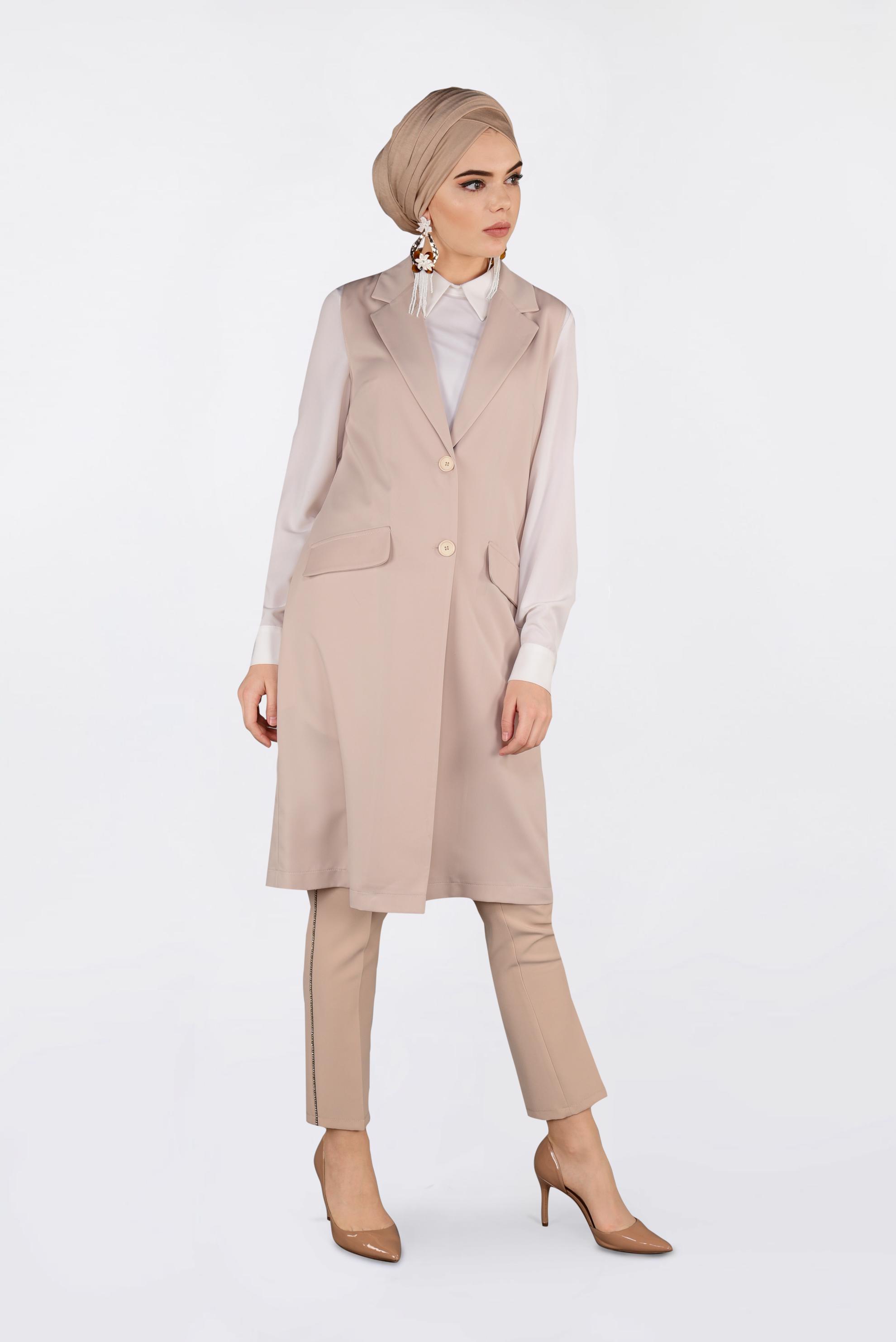 Tesettür giyim BEJ ÖNDEN DÜĞMELİ UZUN YELEK 4332
