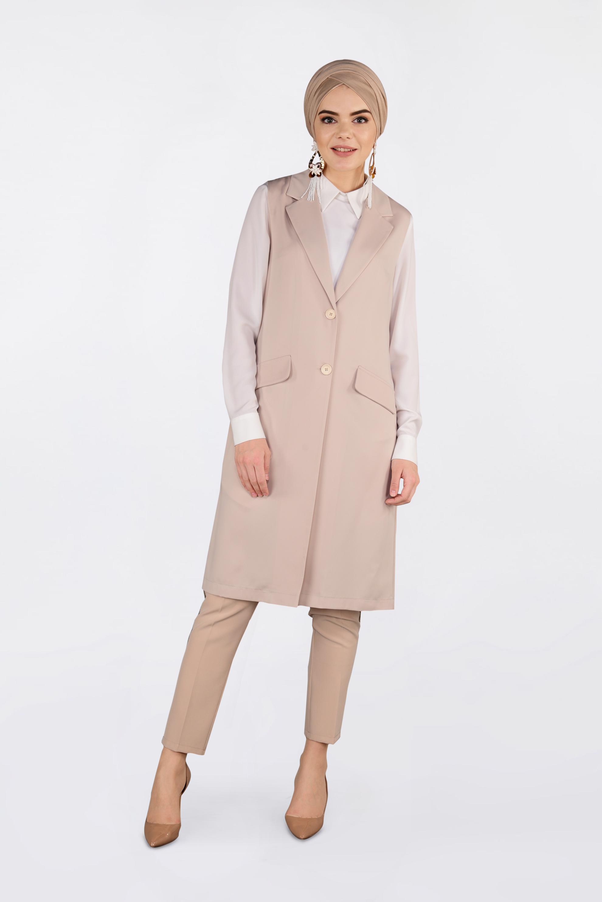 Tesettür giyim BEJ ÖNDEN DÜĞMELİ UZUN YELEK 4332