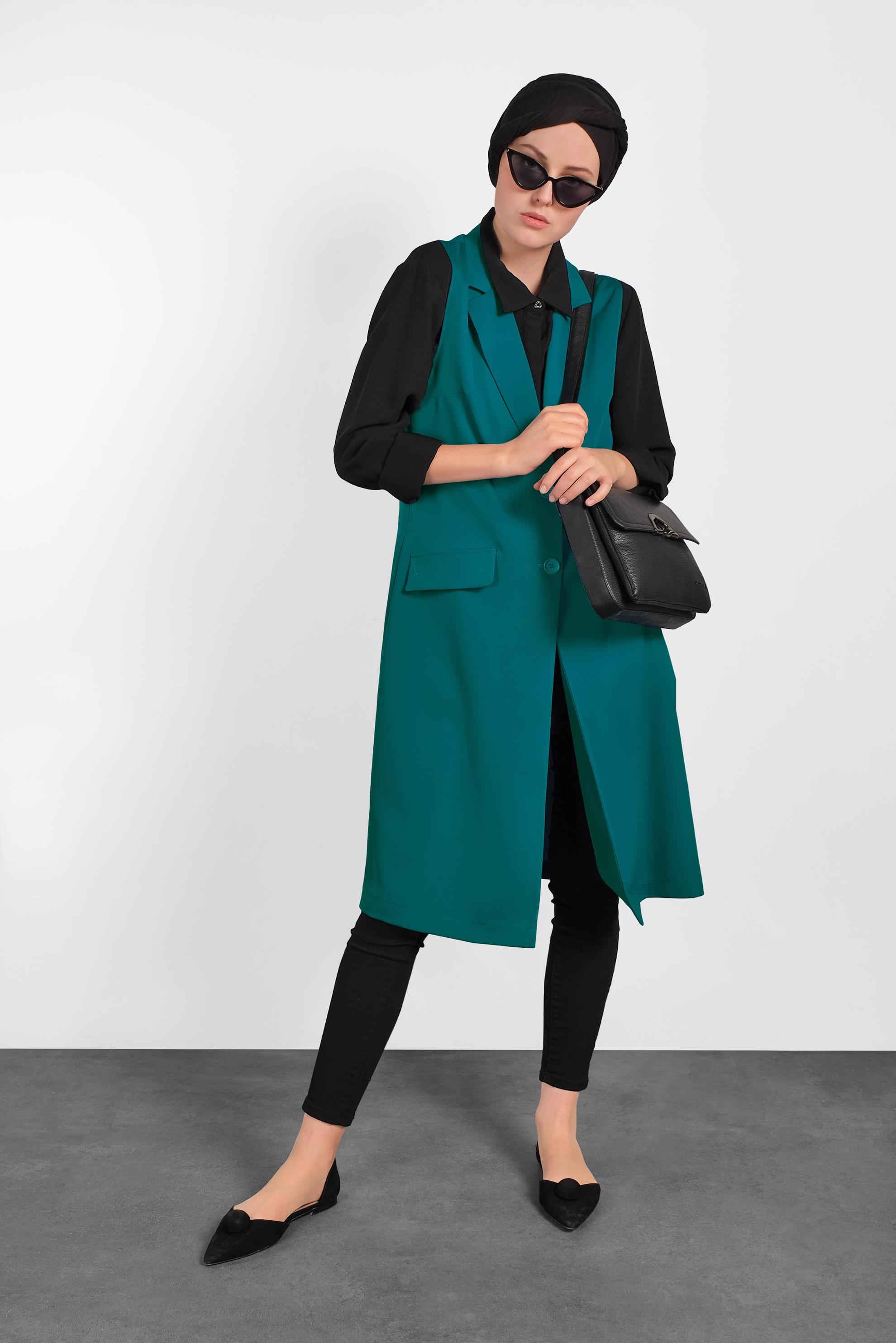 Tesettür giyim YEŞİL ÖNDEN DÜĞMELİ UZUN YELEK 4332