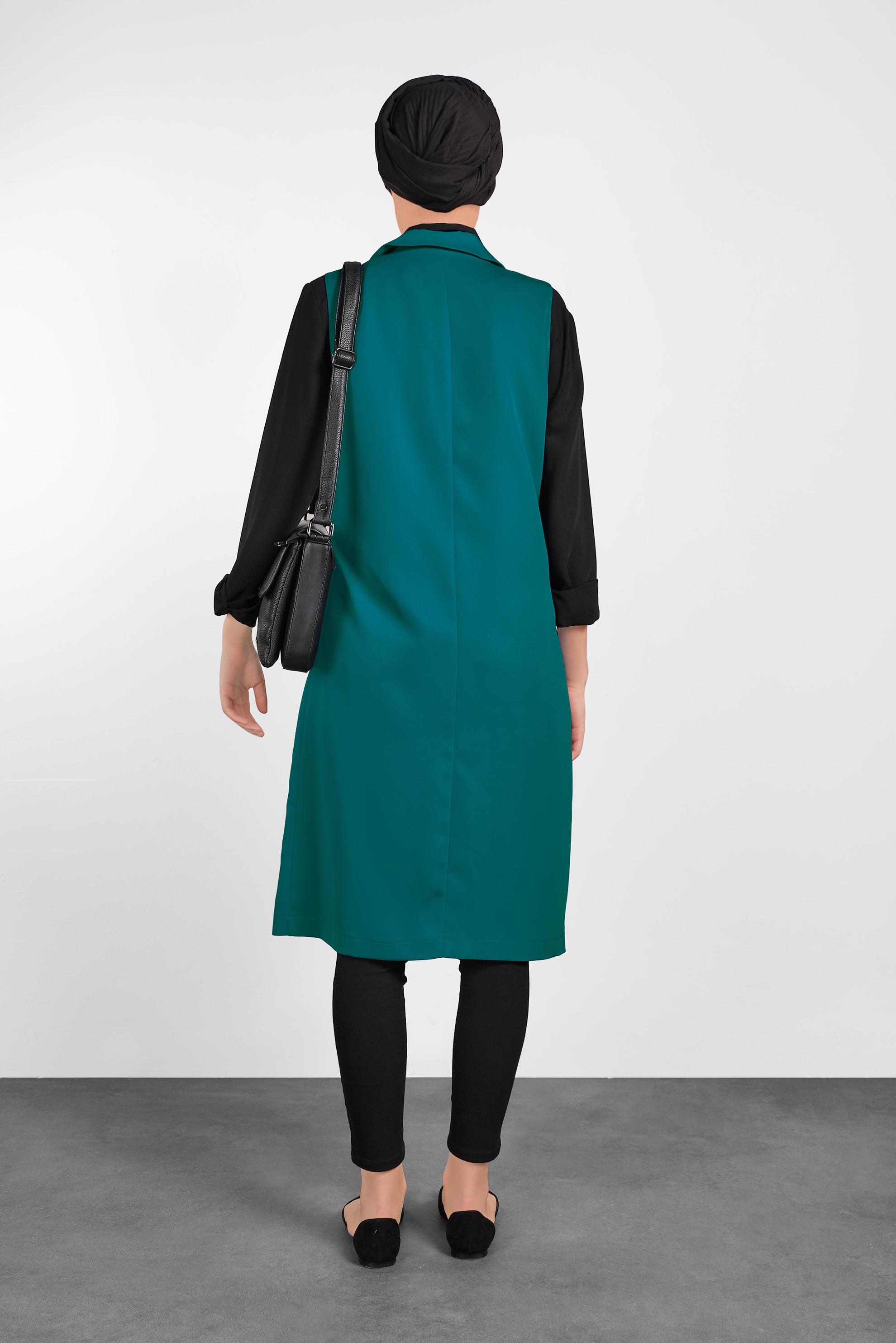 Tesettür giyim YEŞİL ÖNDEN DÜĞMELİ UZUN YELEK 4332