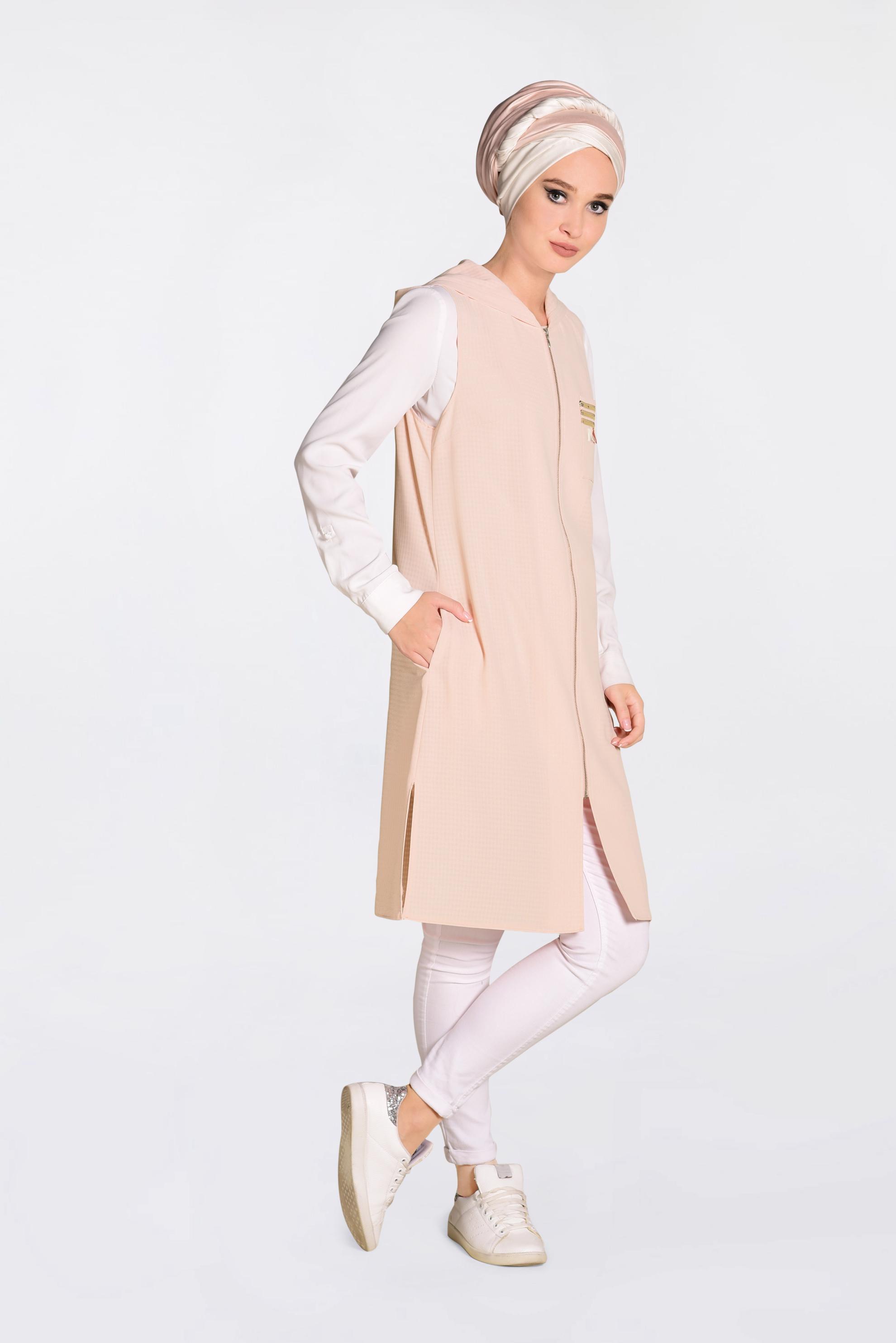 Tesettür giyim PUDRA PUL VE PÜSKÜL DETAYLI KAPÜŞONLU YELEK 4388