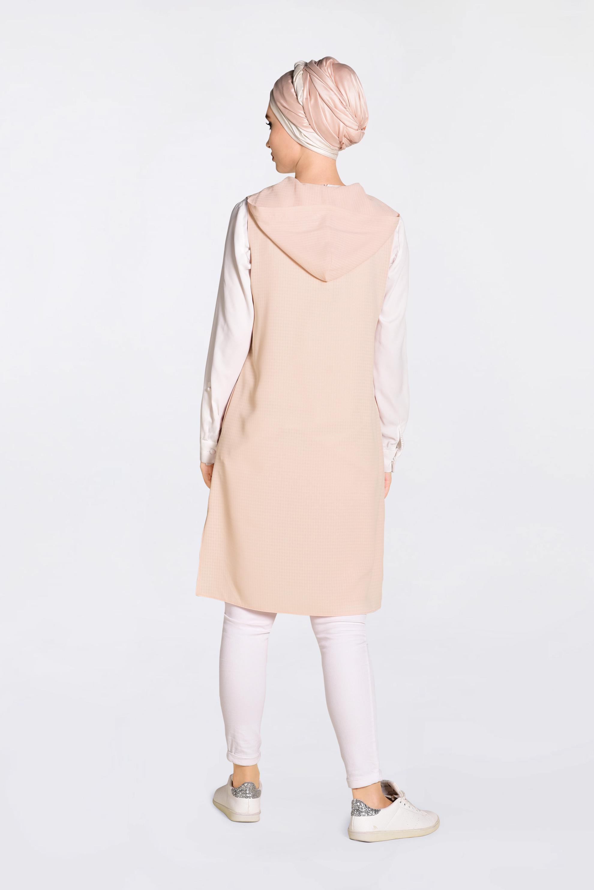 Tesettür giyim PUDRA PUL VE PÜSKÜL DETAYLI KAPÜŞONLU YELEK 4388
