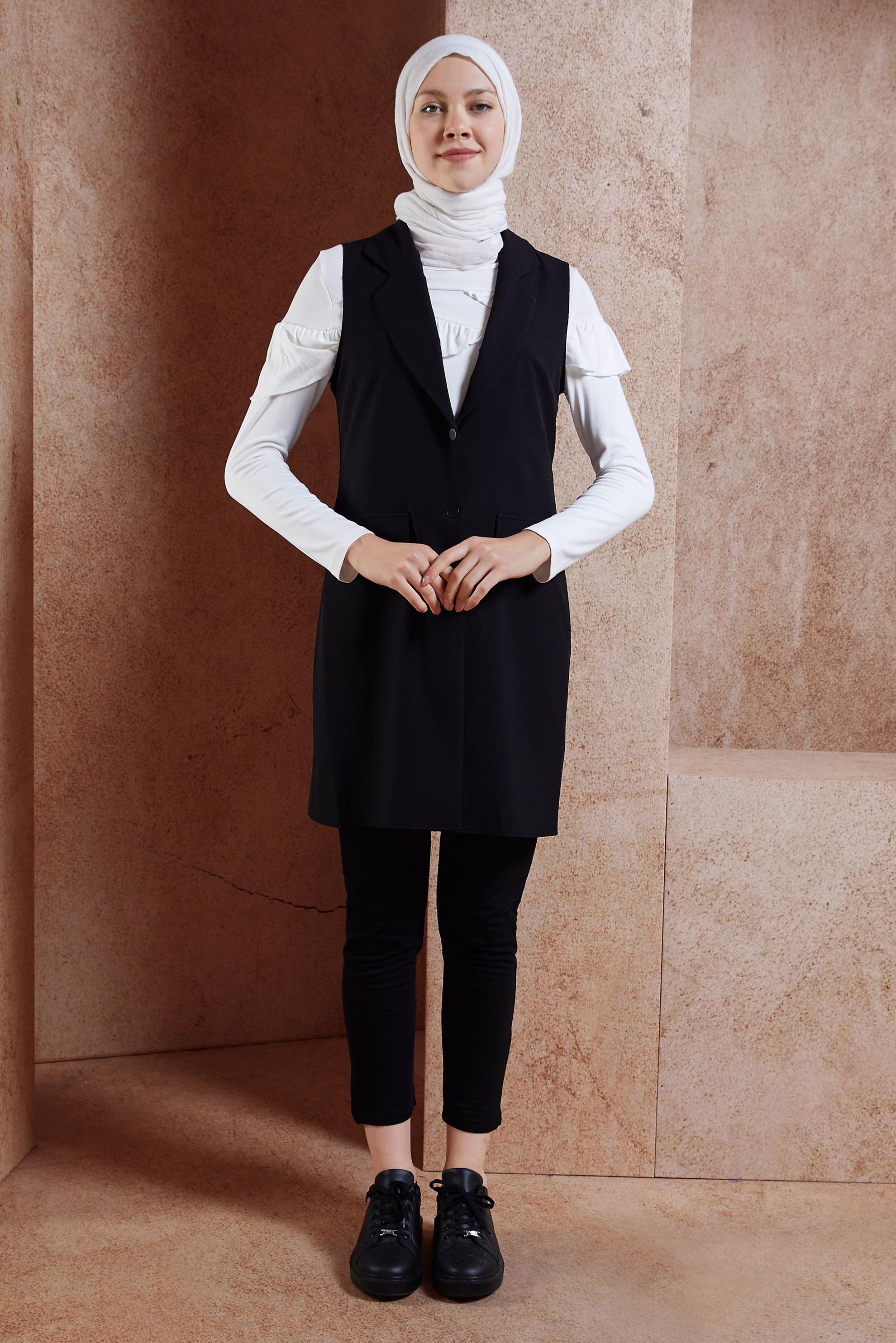 Tesettür giyim SİYAH KLASİK YAKA DÜĞMELİ YELEK 4389