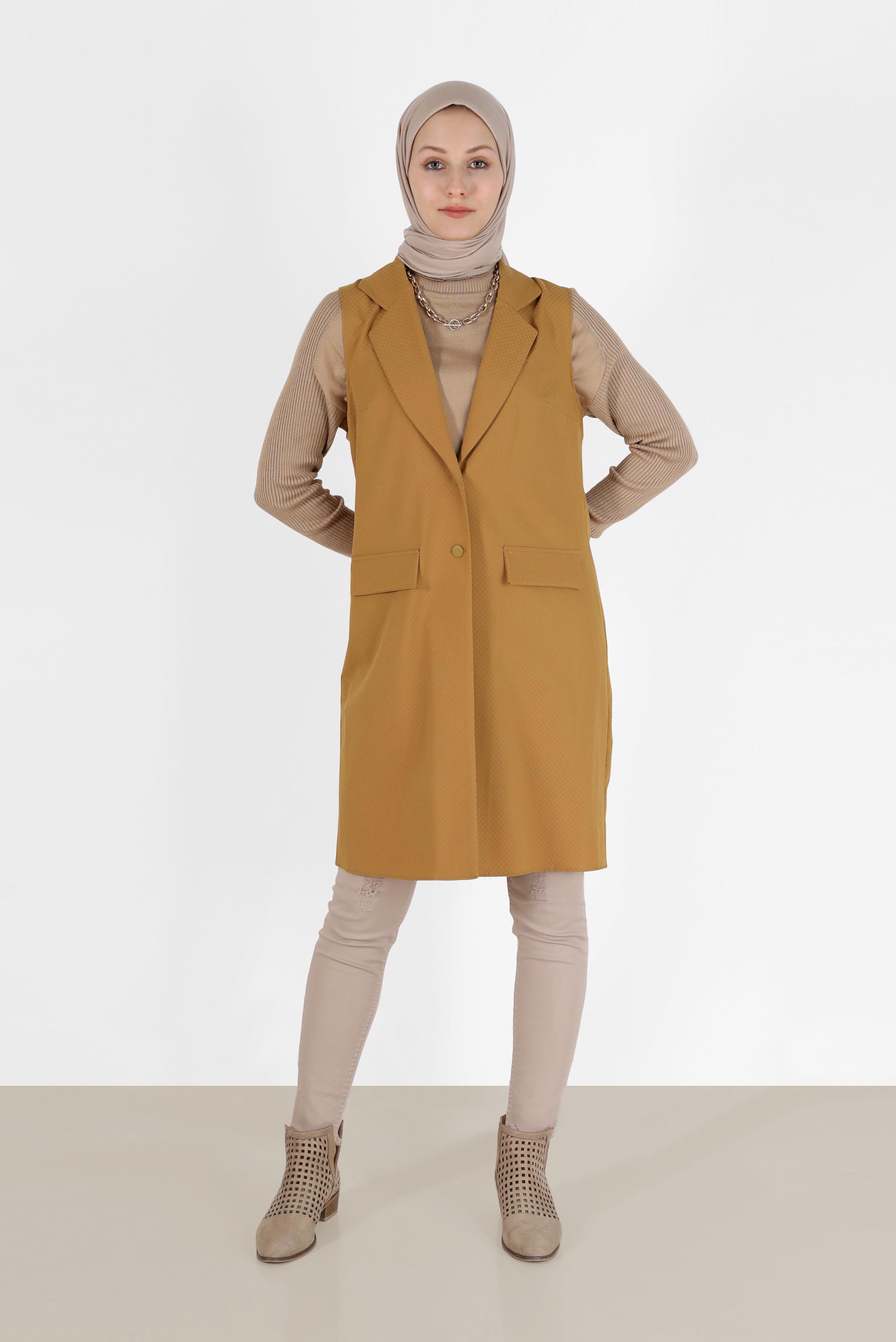 Tesettür giyim SARI KLASİK YAKA DÜĞMELİ YELEK 4389