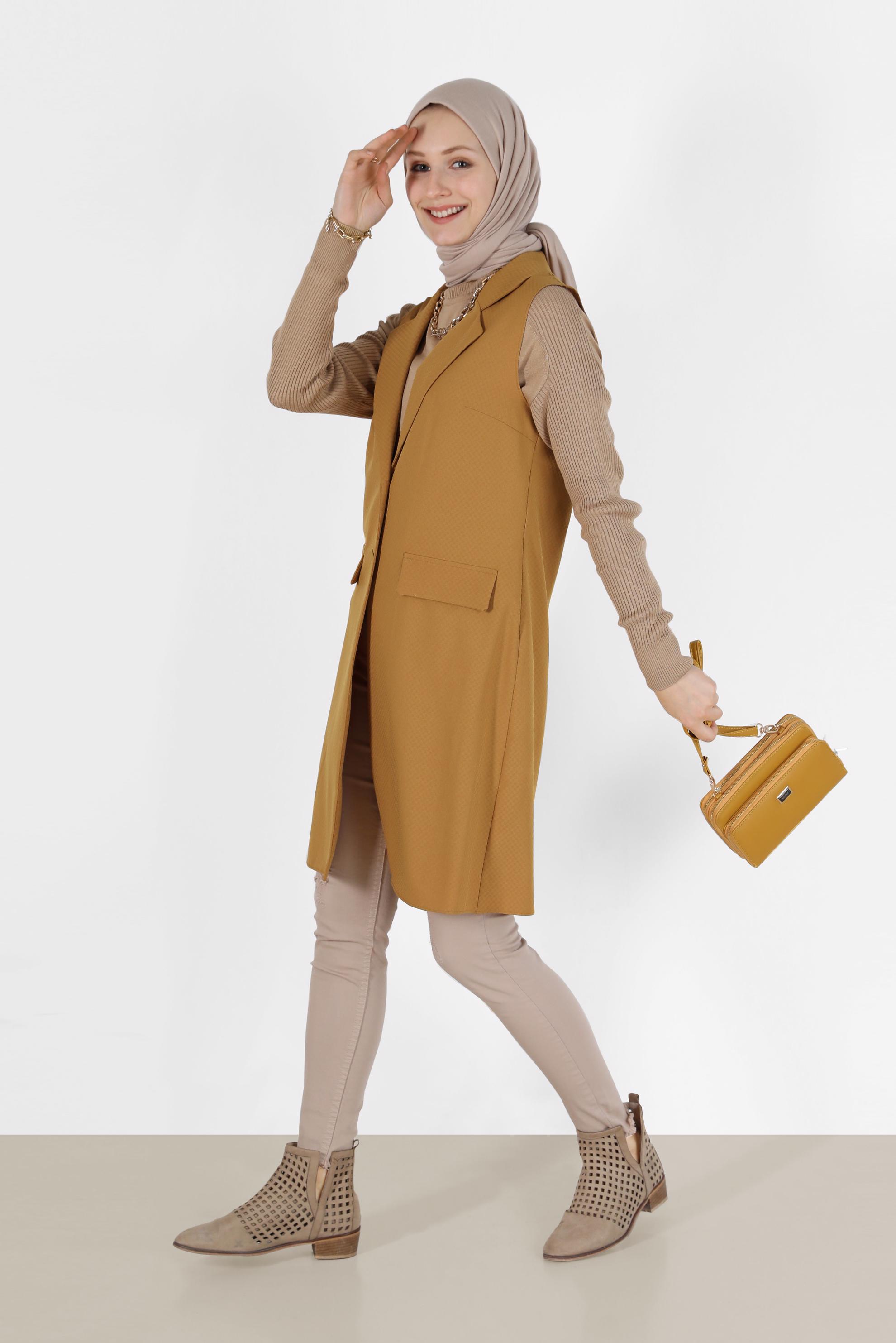 Tesettür giyim SARI KLASİK YAKA DÜĞMELİ YELEK 4389