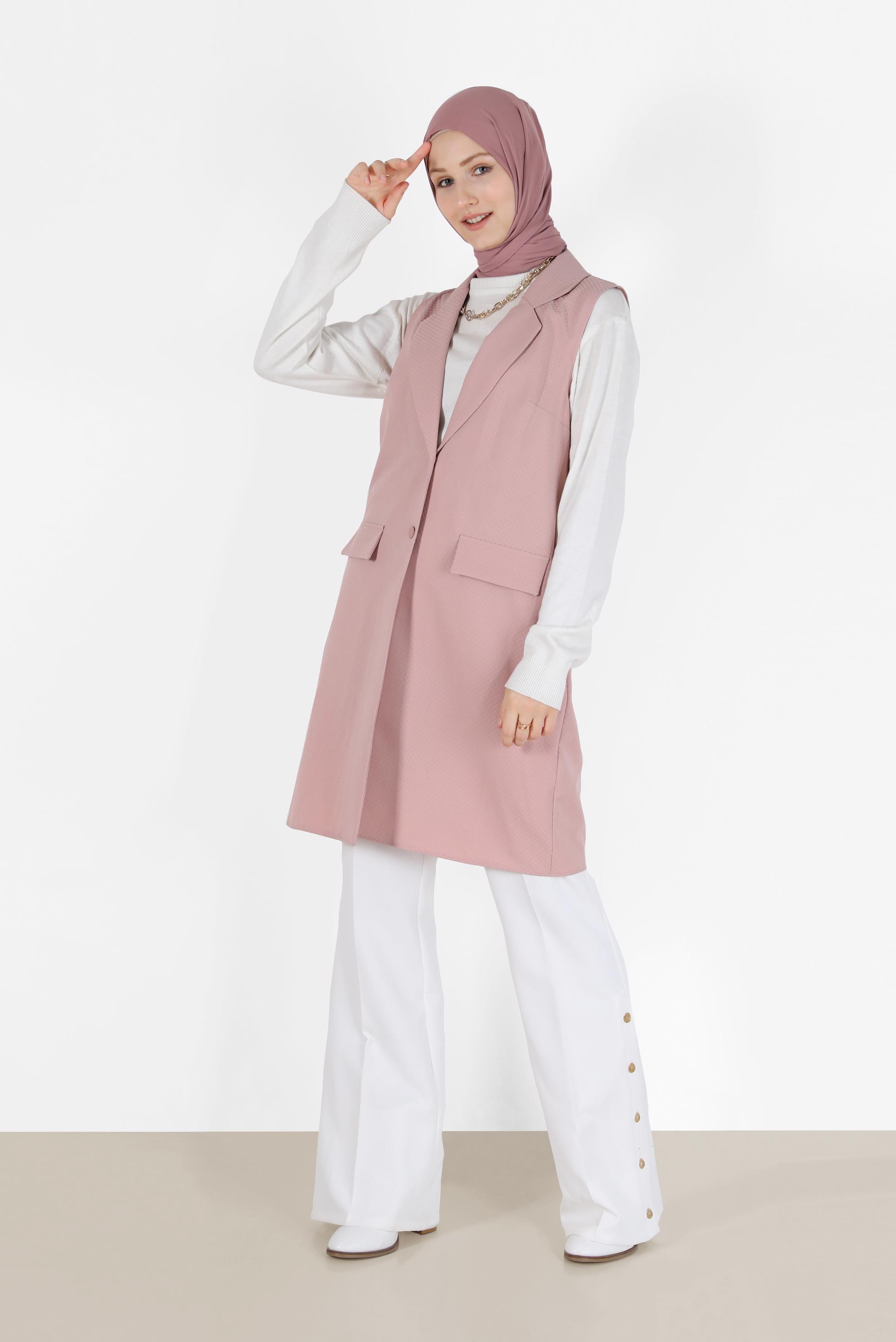 Tesettür giyim PUDRA KLASİK YAKA DÜĞMELİ YELEK 4389