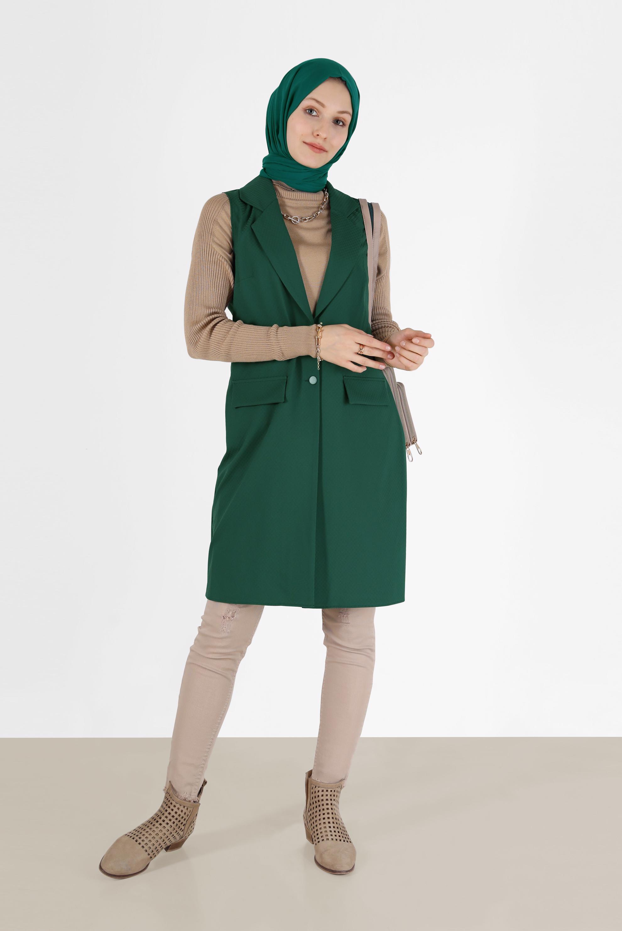 Tesettür giyim YEŞİL KLASİK YAKA DÜĞMELİ YELEK 4389
