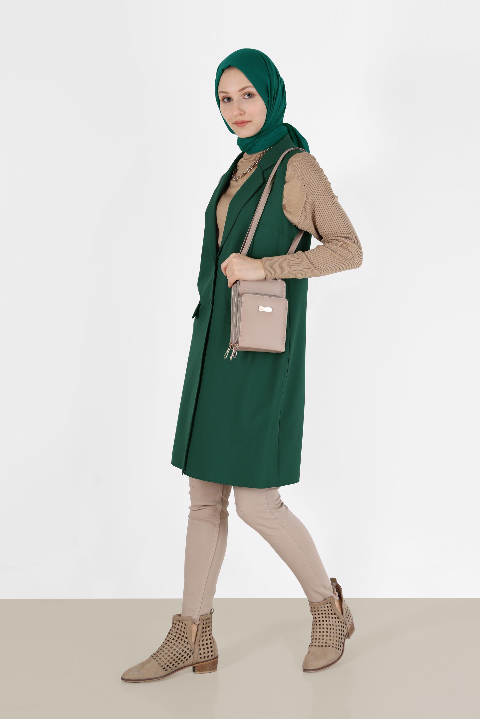 Tesettür giyim YEŞİL KLASİK YAKA DÜĞMELİ YELEK 4389