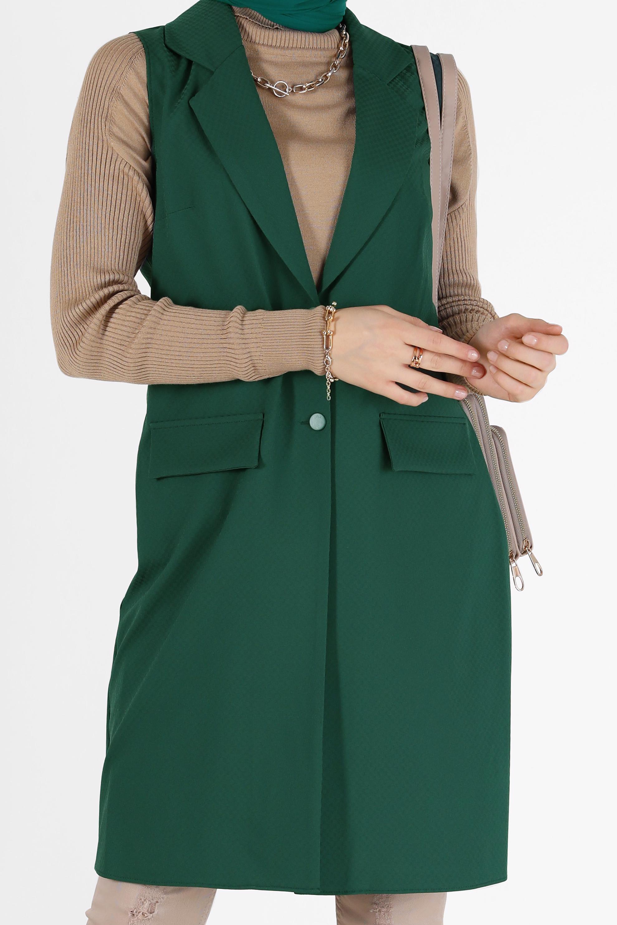 Tesettür giyim YEŞİL KLASİK YAKA DÜĞMELİ YELEK 4389