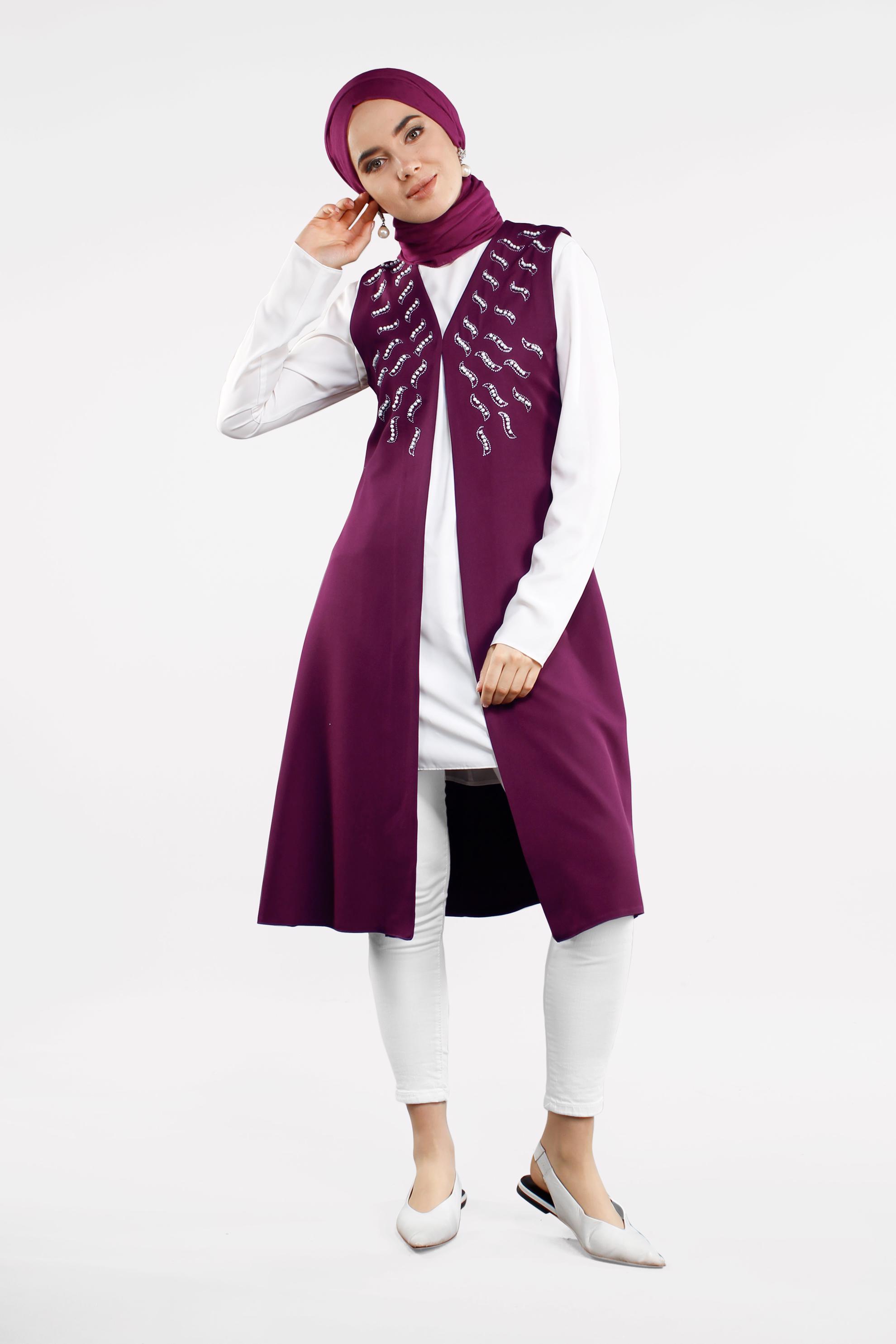 Tesettür giyim MÜRDÜM BONCUK VE TAŞLI YELEK 4505