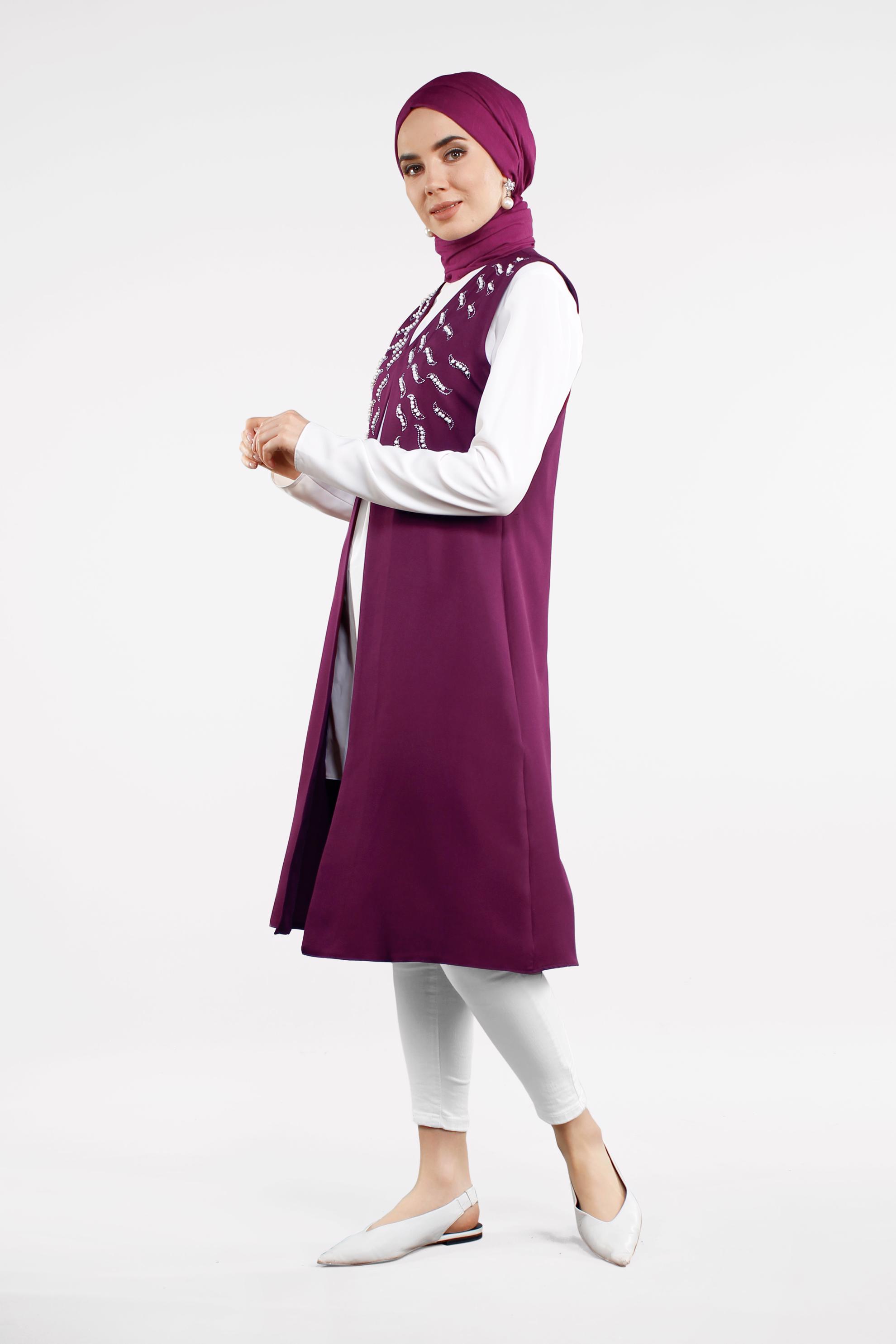 Tesettür giyim MÜRDÜM BONCUK VE TAŞLI YELEK 4505