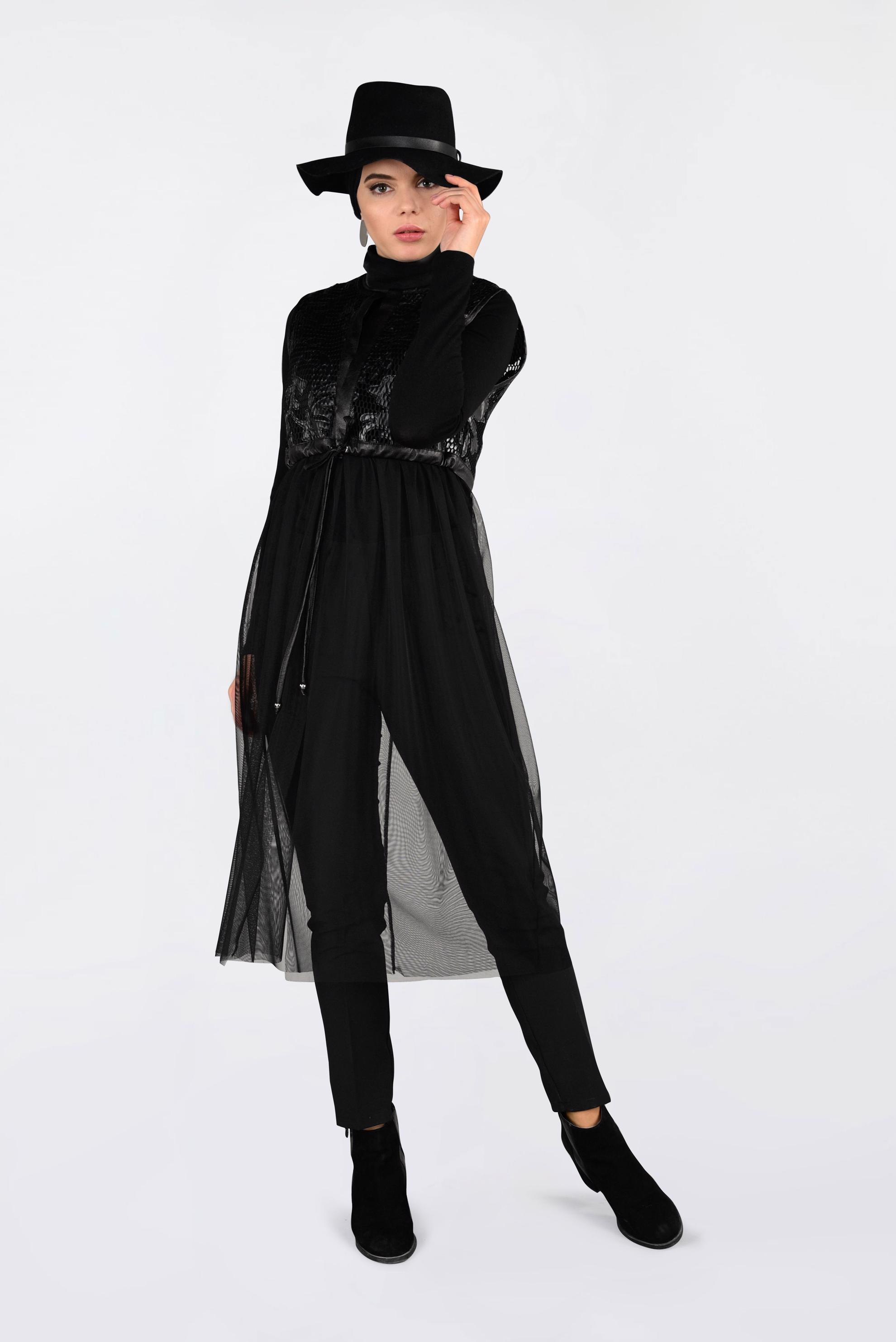 Tesettür giyim SİYAH TÜL VE DERİ DETAYLI YELEK 4774