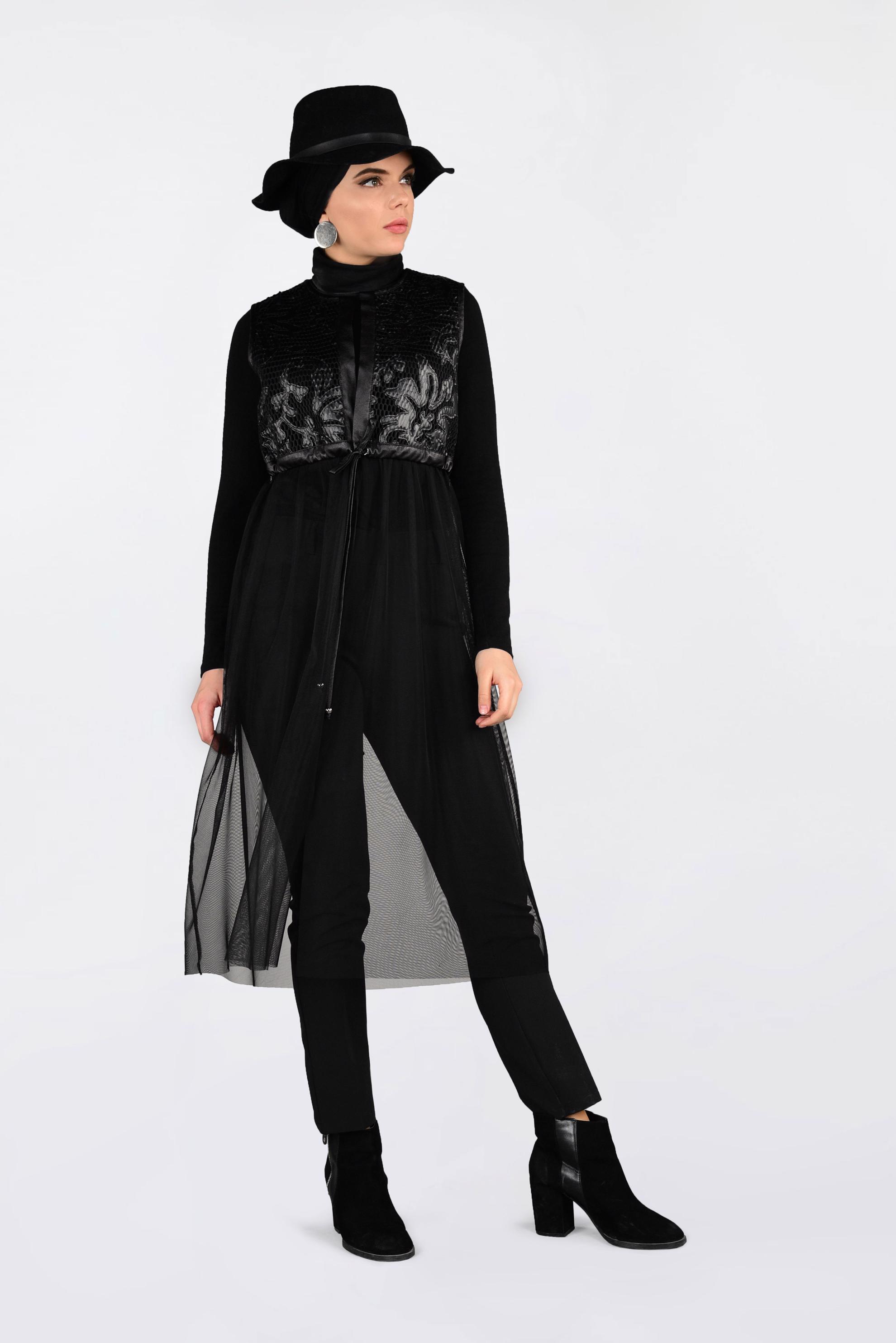 Tesettür giyim SİYAH TÜL VE DERİ DETAYLI YELEK 4774