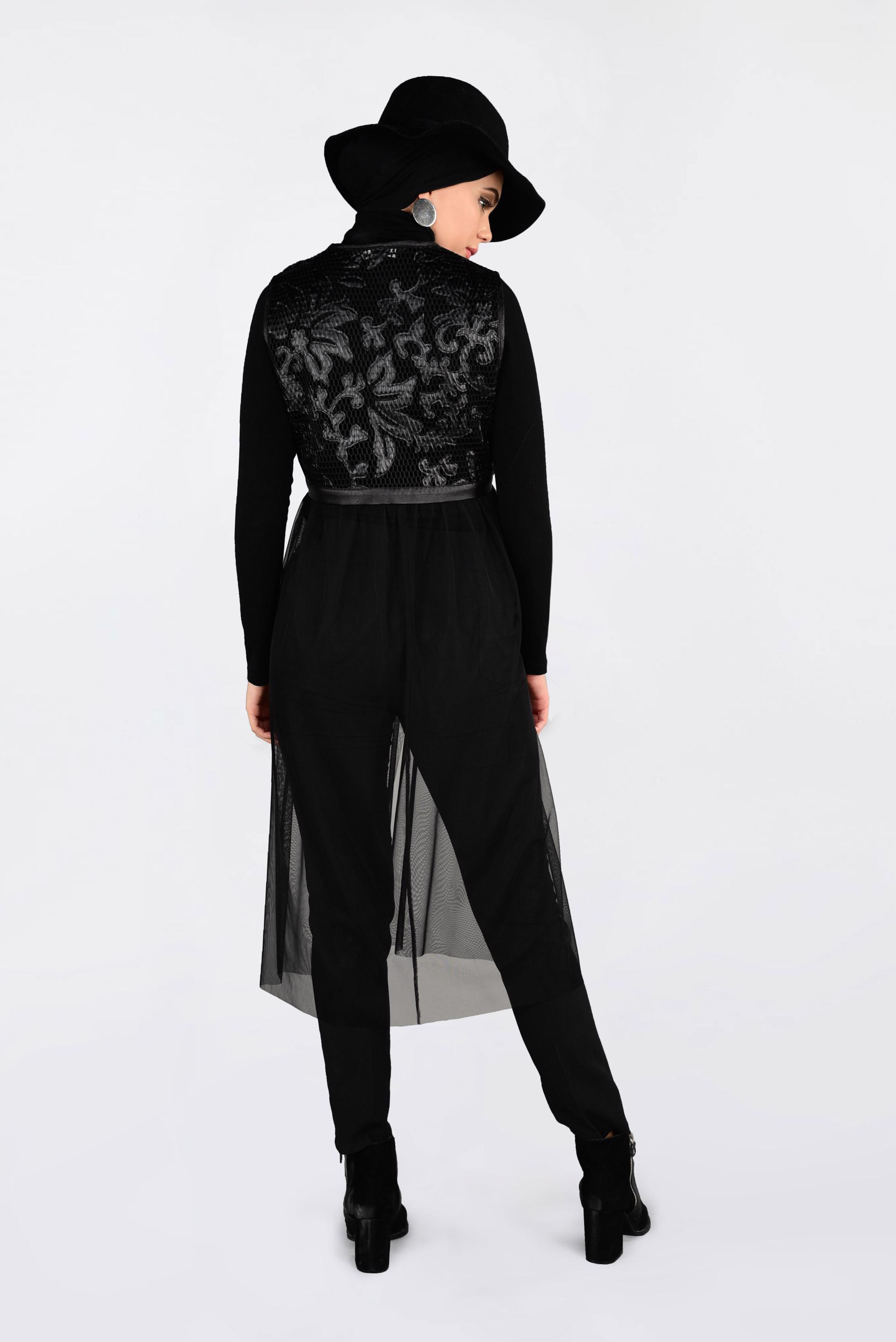 Tesettür giyim SİYAH TÜL VE DERİ DETAYLI YELEK 4774