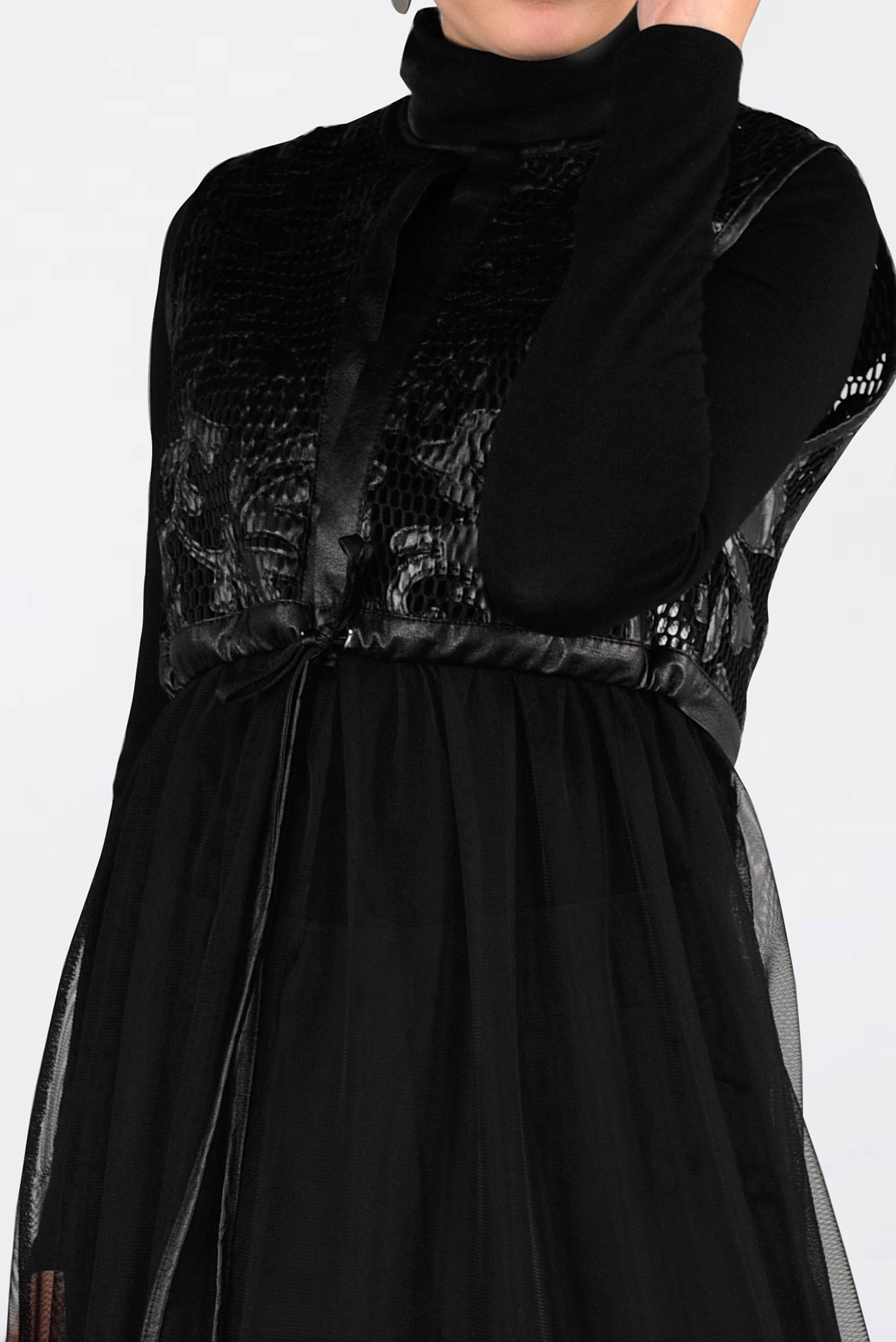 Tesettür giyim SİYAH TÜL VE DERİ DETAYLI YELEK 4774