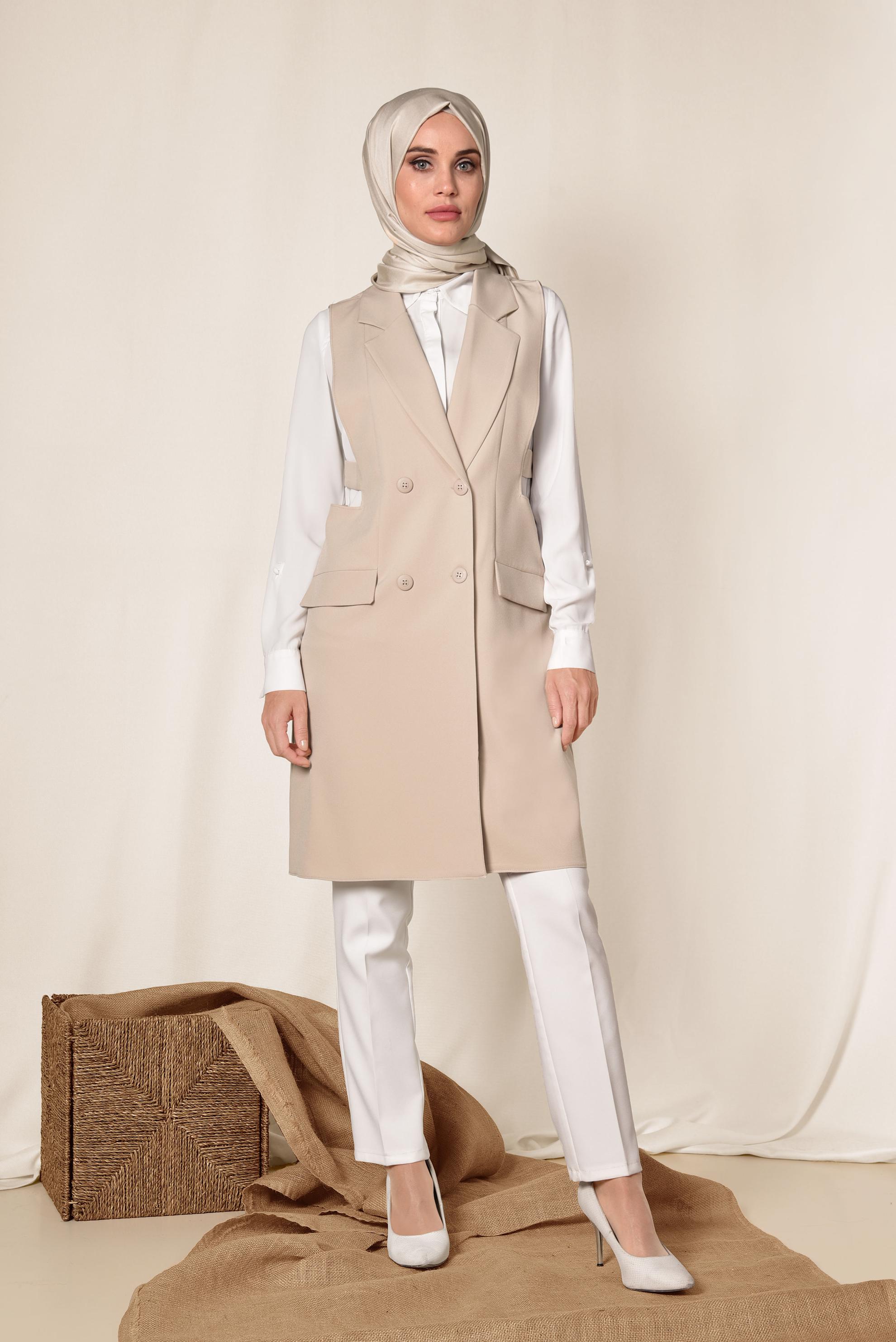 Tesettür giyim BEJ BLAZER KESİM UZUN YELEK 4881