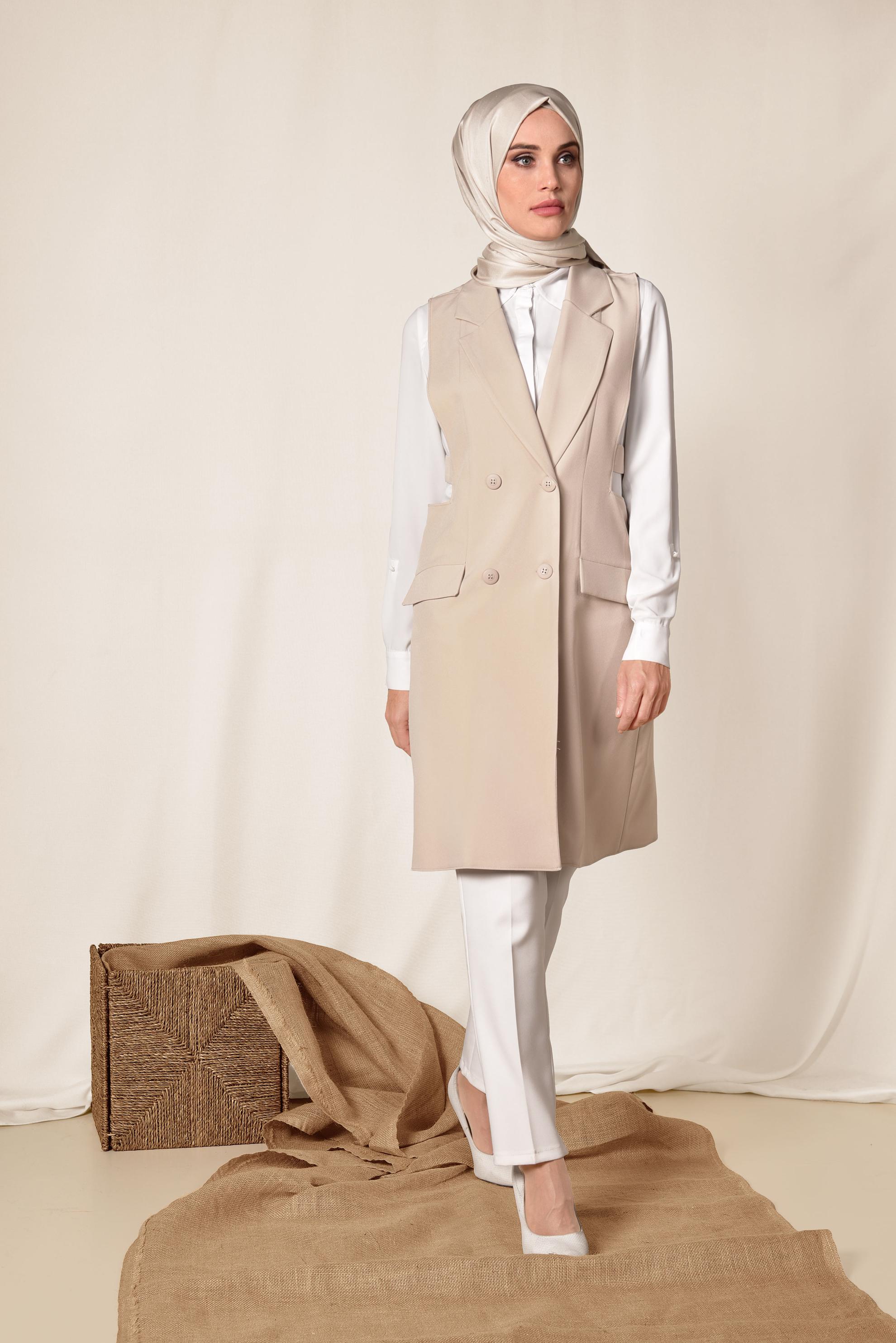 Tesettür giyim BEJ BLAZER KESİM UZUN YELEK 4881