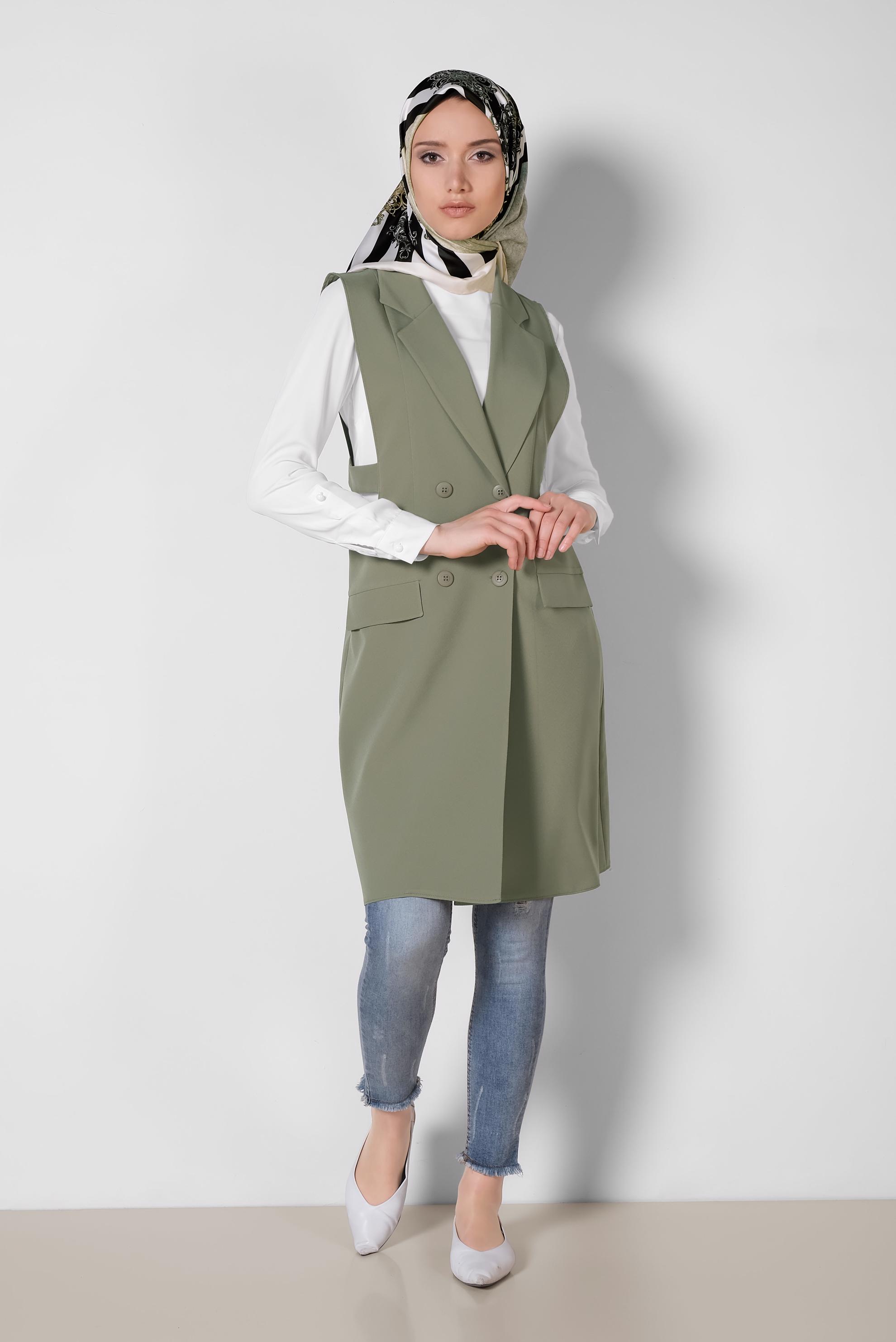 Tesettür giyim HAKİ BLAZER KESİM UZUN YELEK 4881