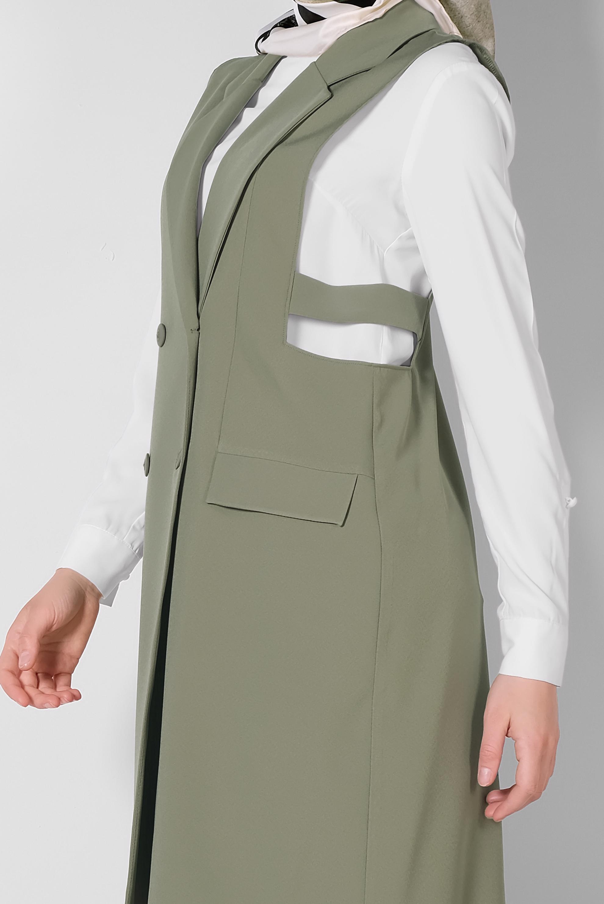 Tesettür giyim HAKİ BLAZER KESİM UZUN YELEK 4881