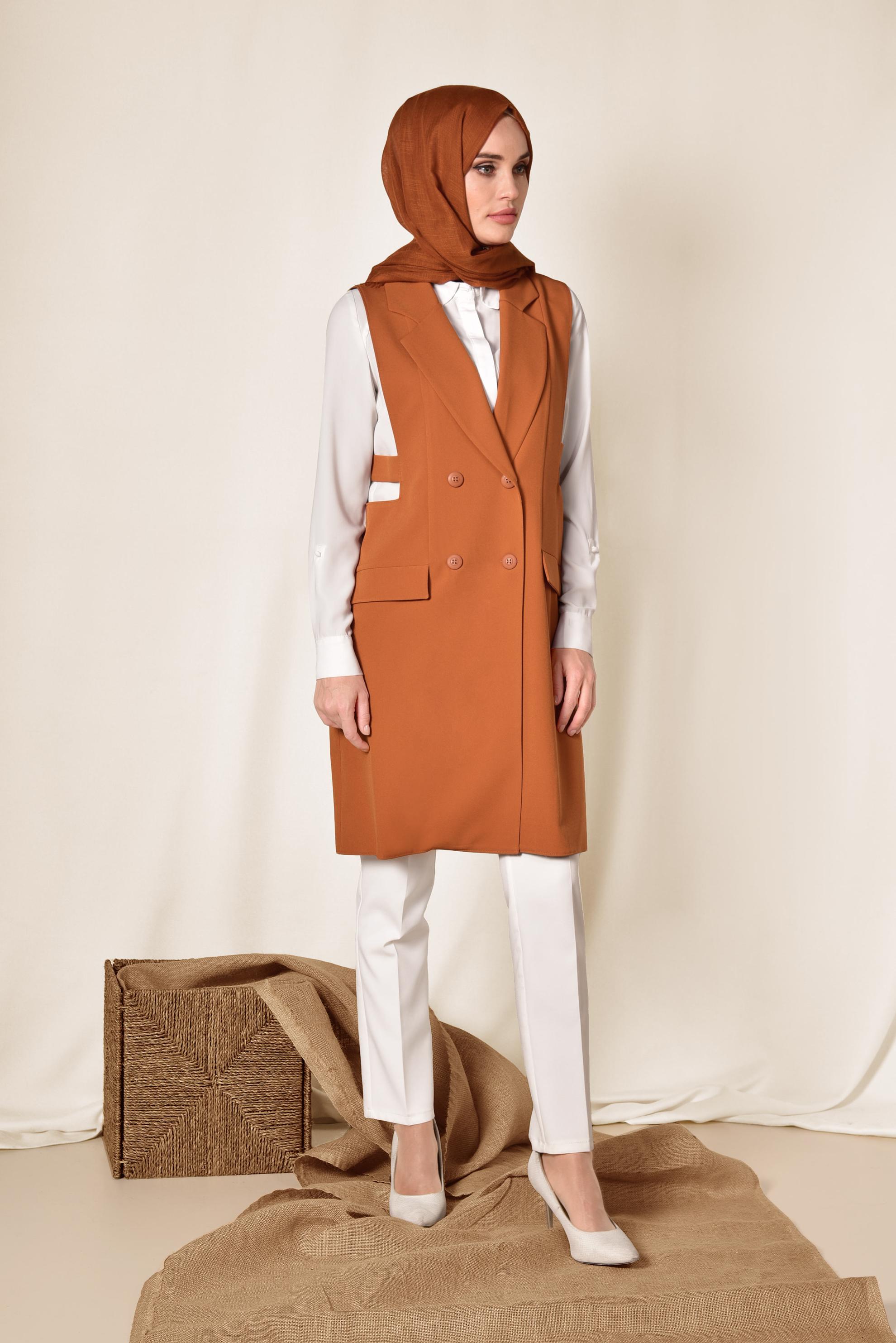 Tesettür giyim TURUNCU BLAZER KESİM UZUN YELEK 4881