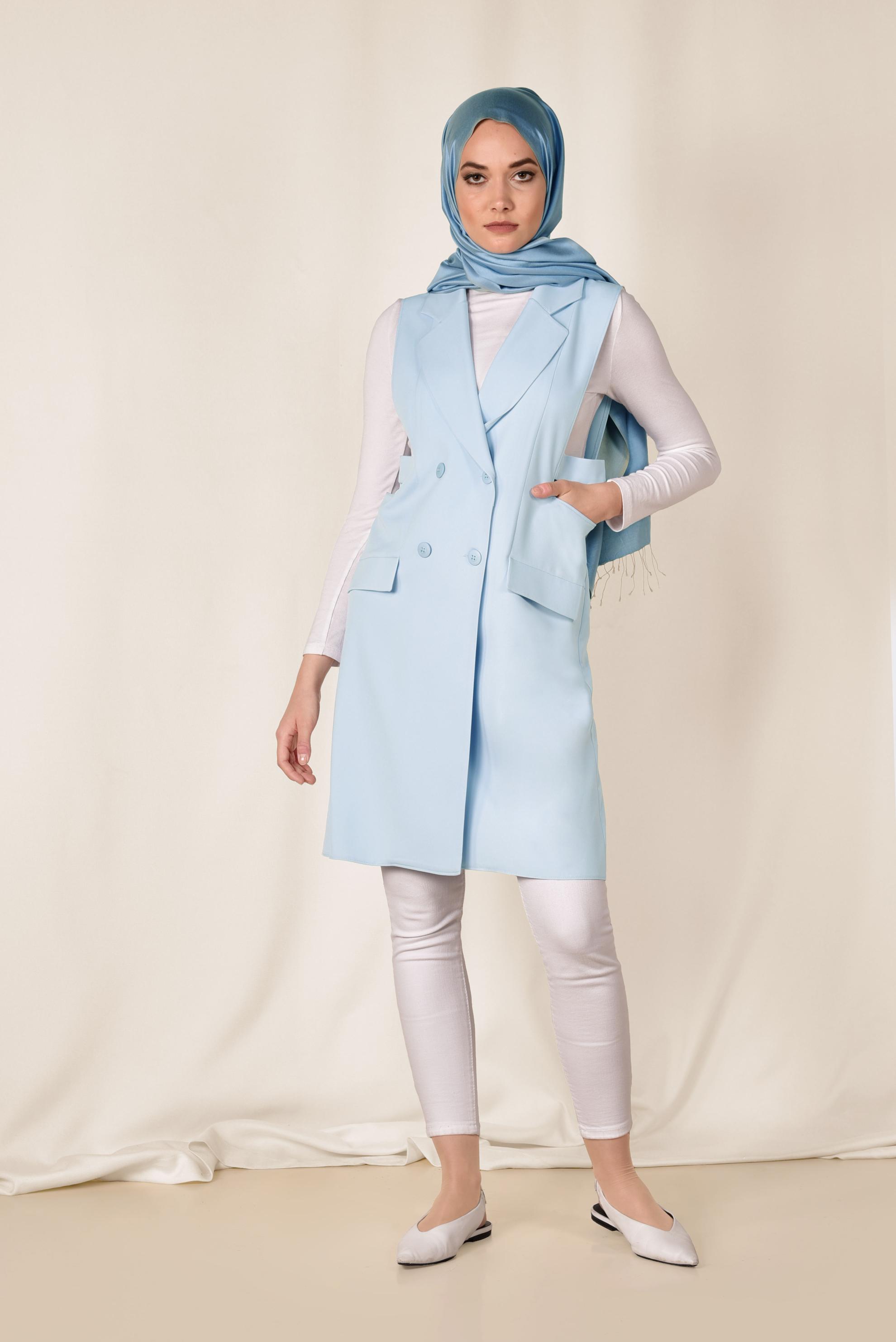 Tesettür giyim MAVİ BLAZER KESİM UZUN YELEK 4881