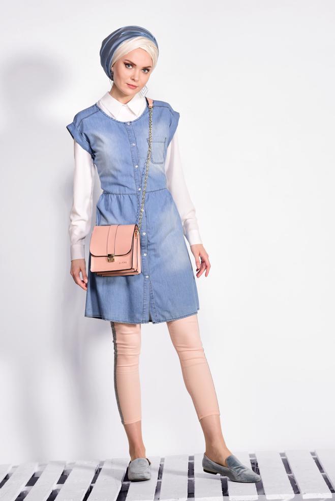 Hijab clothing BLUE Cotton Denim Vest 4955  - ALVİNA