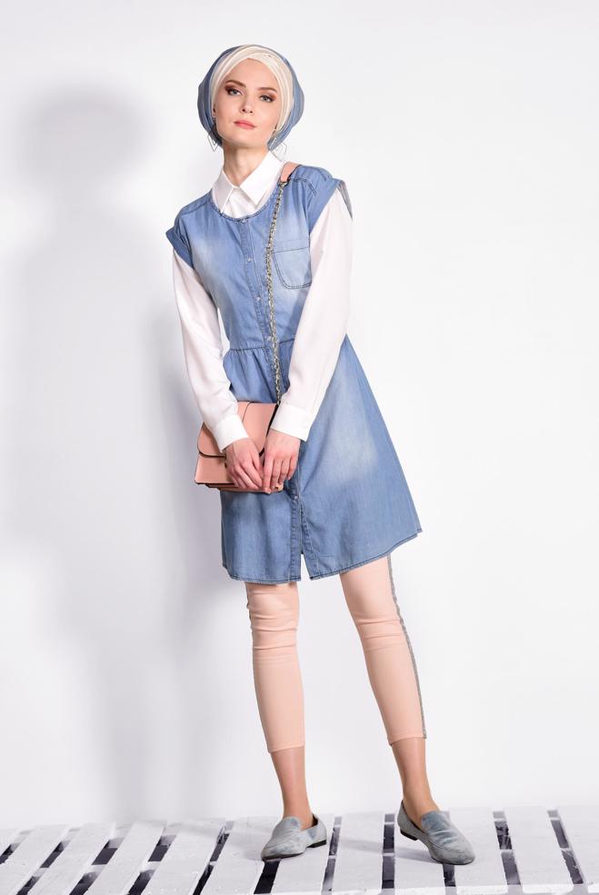 Hijab clothing BLUE Cotton Denim Vest 4955  - ALVİNA