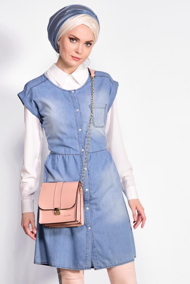 Hijab clothing BLUE Cotton Denim Vest 4955  - ALVİNA