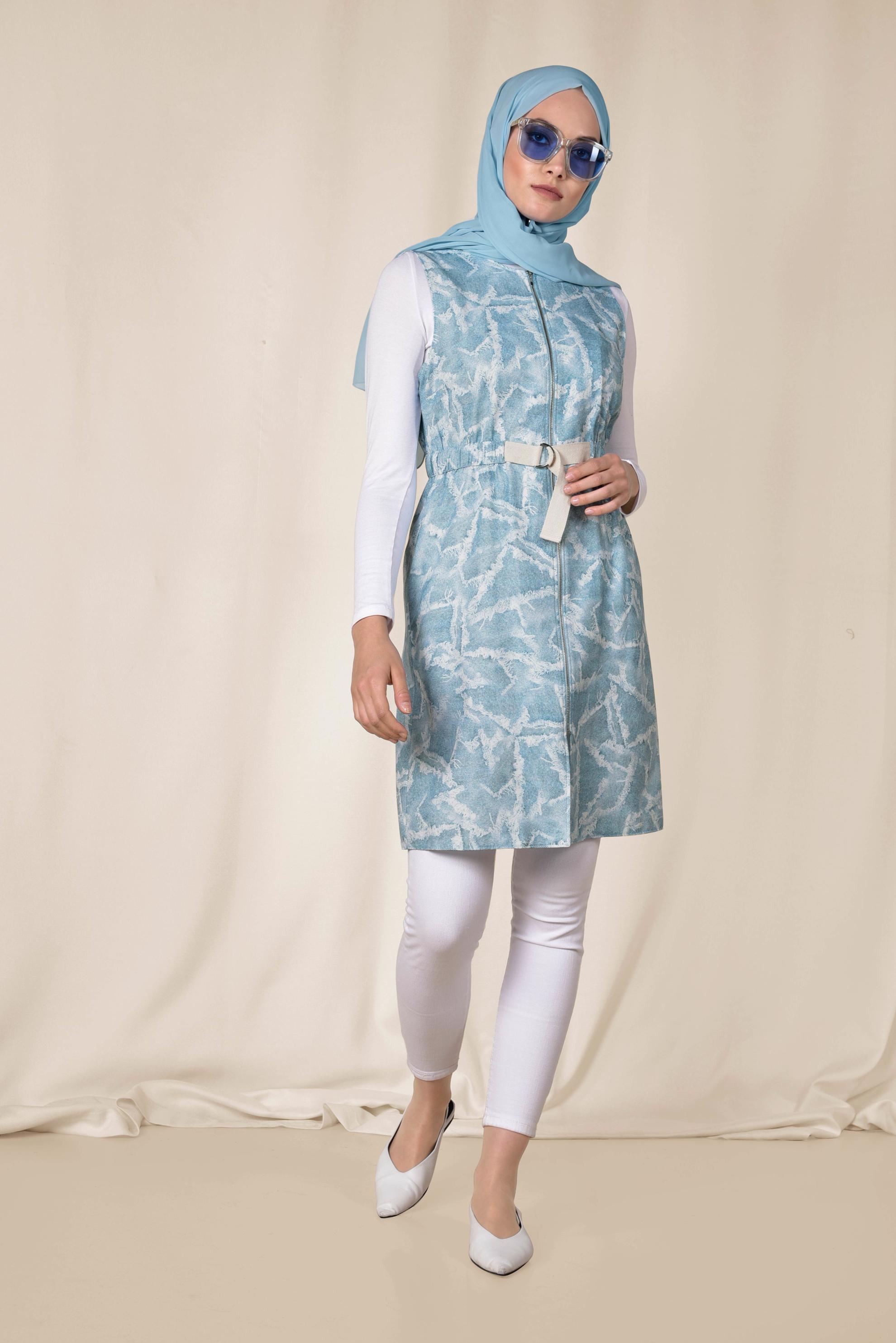 Tesettür giyim MAVİ BELDEN KEMERLİ FERMUARLI YELEK 4981