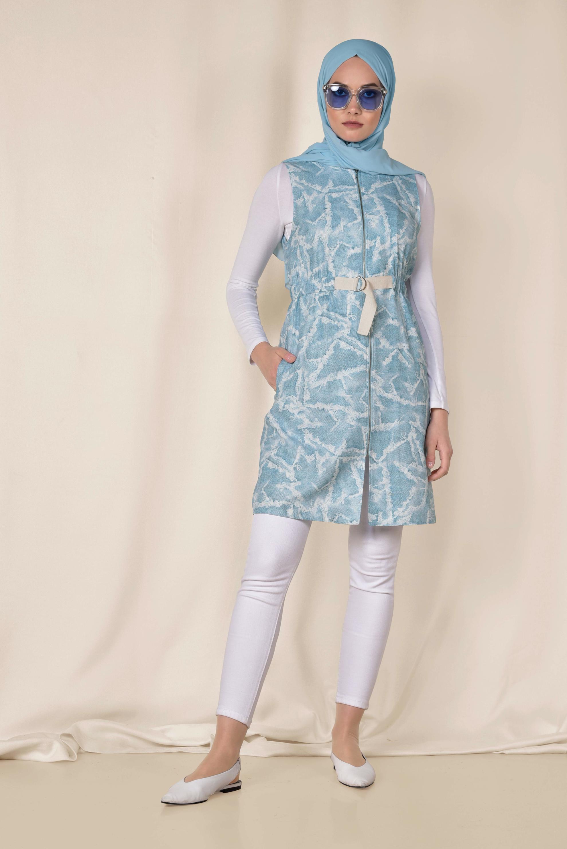 Tesettür giyim MAVİ BELDEN KEMERLİ FERMUARLI YELEK 4981