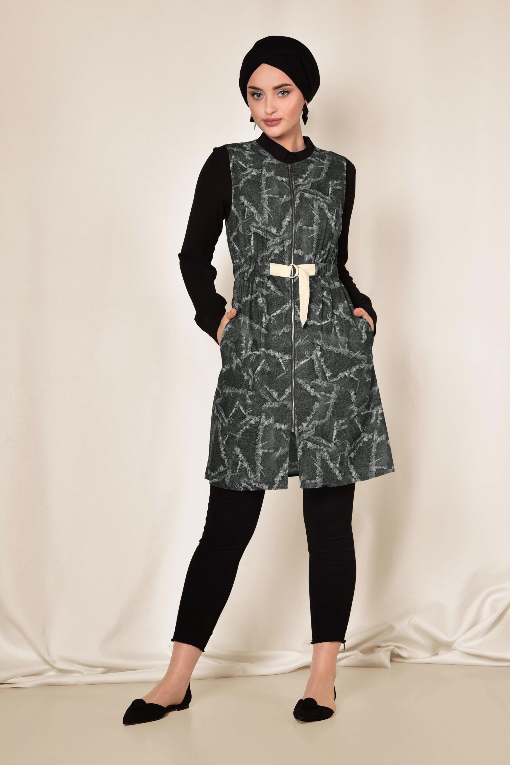 Tesettür giyim GRİ BELDEN KEMERLİ FERMUARLI YELEK 4981