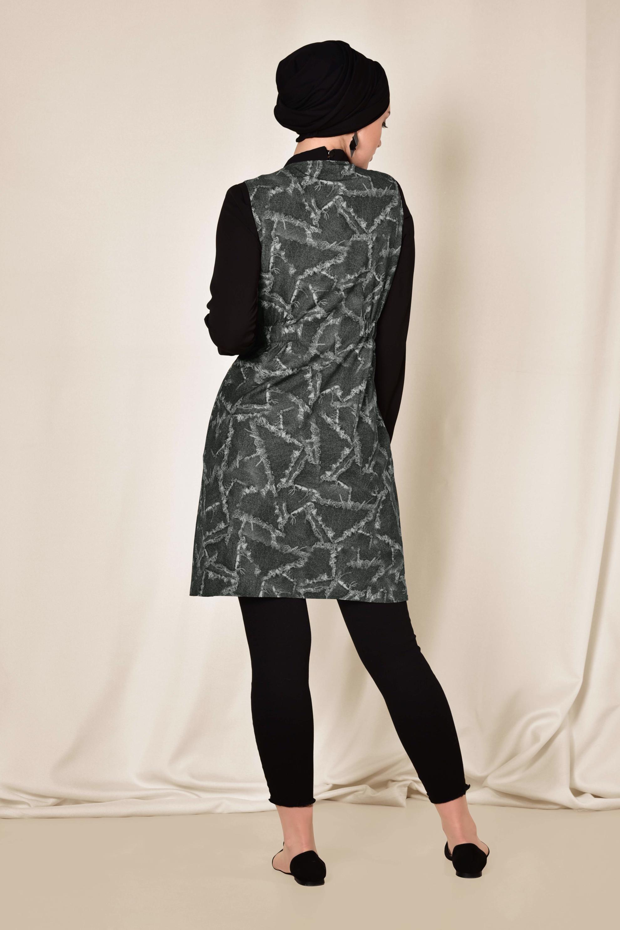 Tesettür giyim GRİ BELDEN KEMERLİ FERMUARLI YELEK 4981