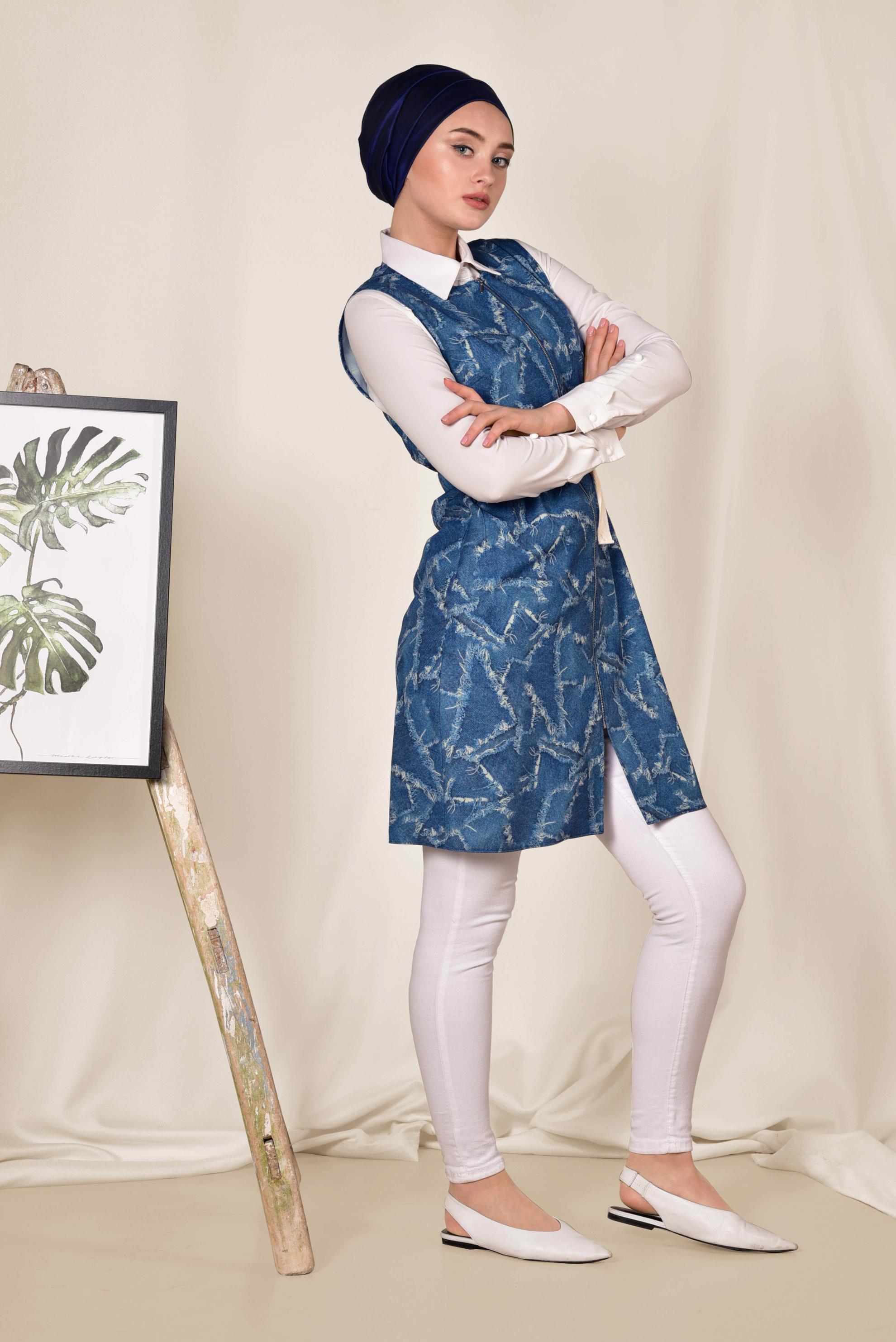 Tesettür giyim LACİVERT BELDEN KEMERLİ FERMUARLI YELEK 4981