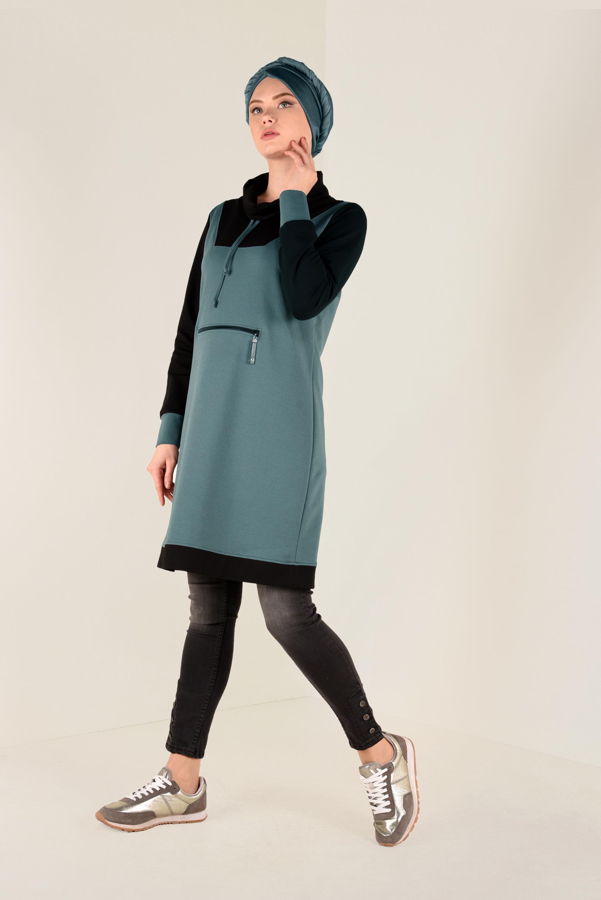 Hijab clothing GREEN ZIPPED ROLL-NECK TUNIC 4714 