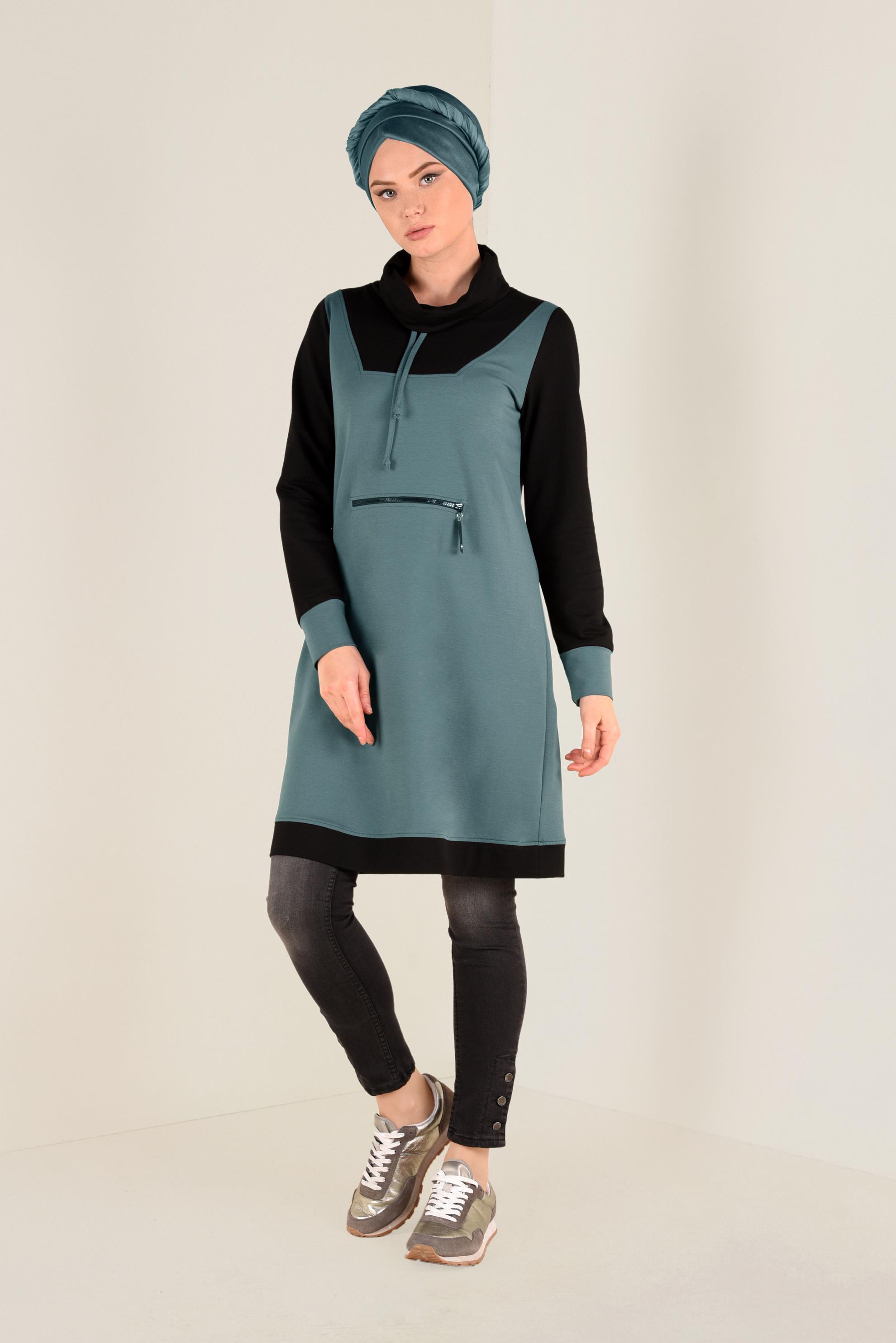 Hijab clothing GREEN ZIPPED ROLL-NECK TUNIC 4714 