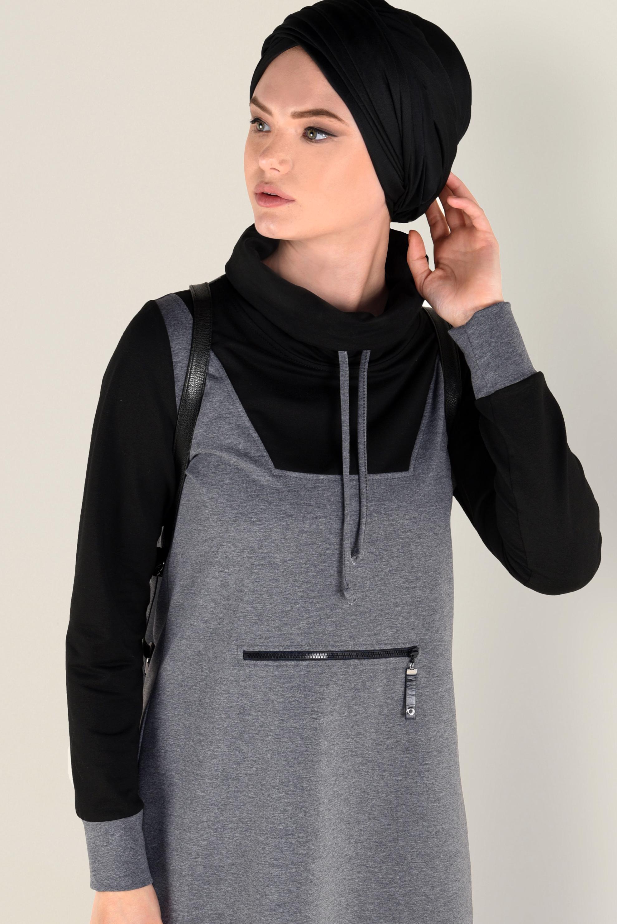 Hijab clothing GREY ZIPPED ROLL-NECK TUNIC 4714 