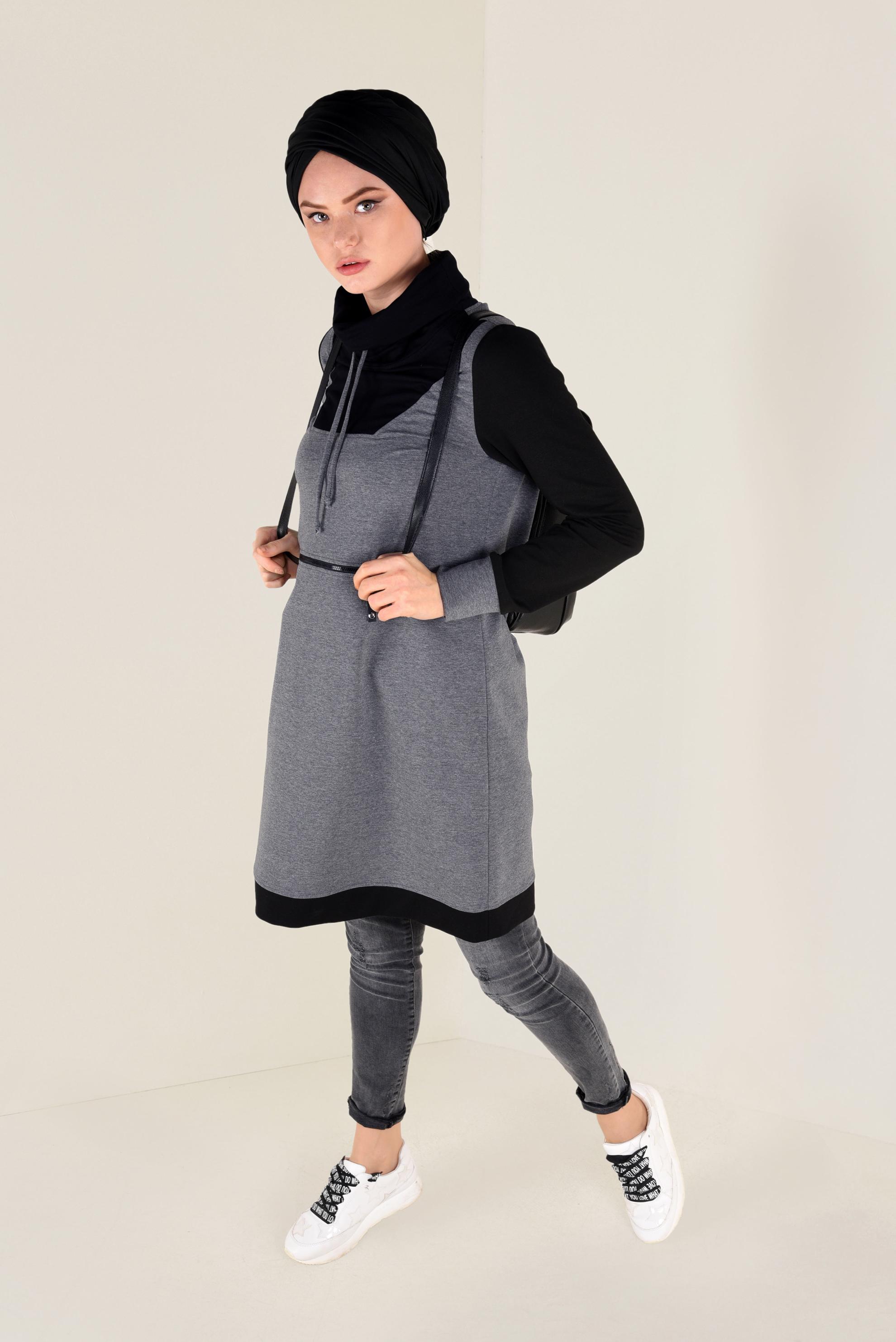 Hijab clothing GREY ZIPPED ROLL-NECK TUNIC 4714 