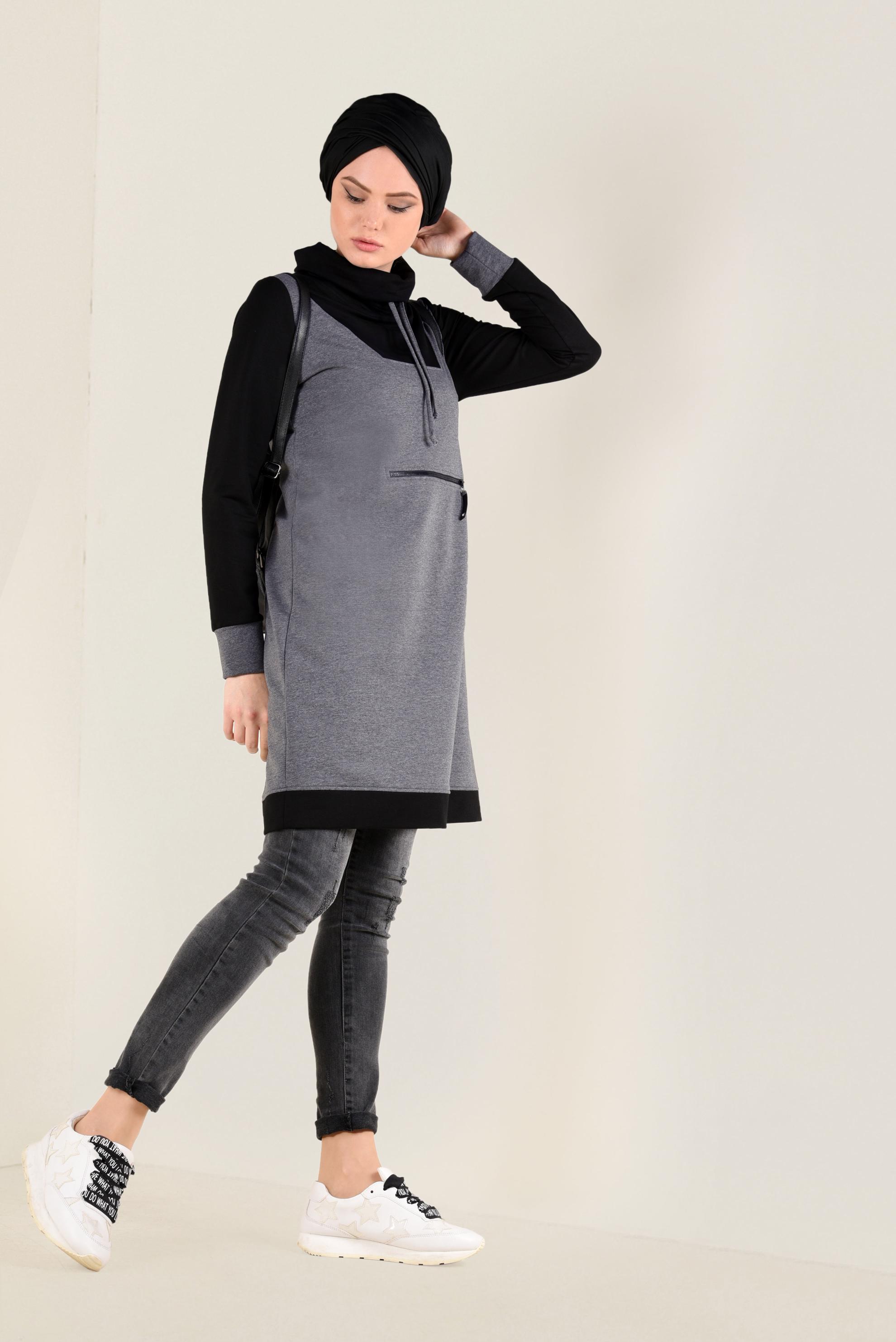 Hijab clothing GREY ZIPPED ROLL-NECK TUNIC 4714 