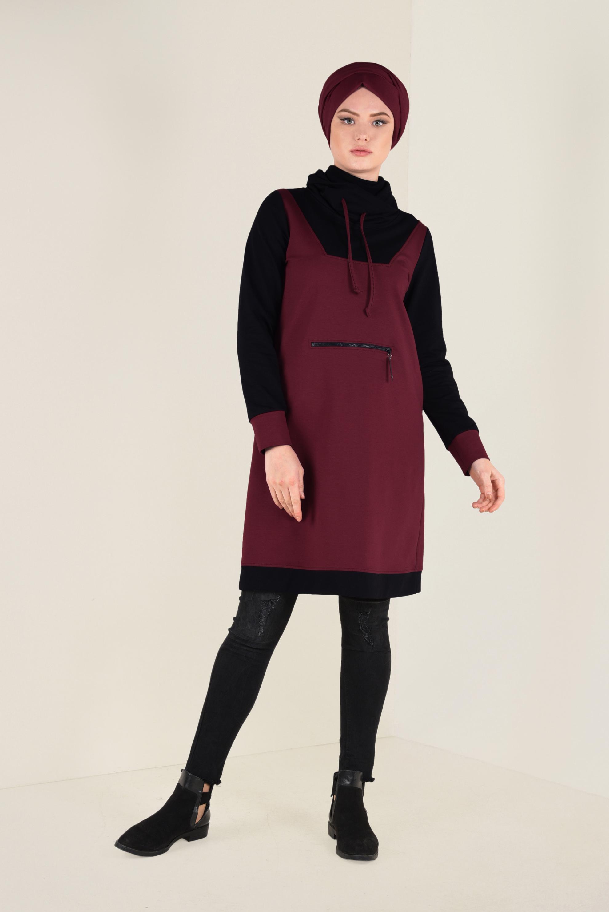 Tesettür giyim BORDO FERMUAR DETAYLI BOĞAZLI EŞOFMAN TUNİK 4714