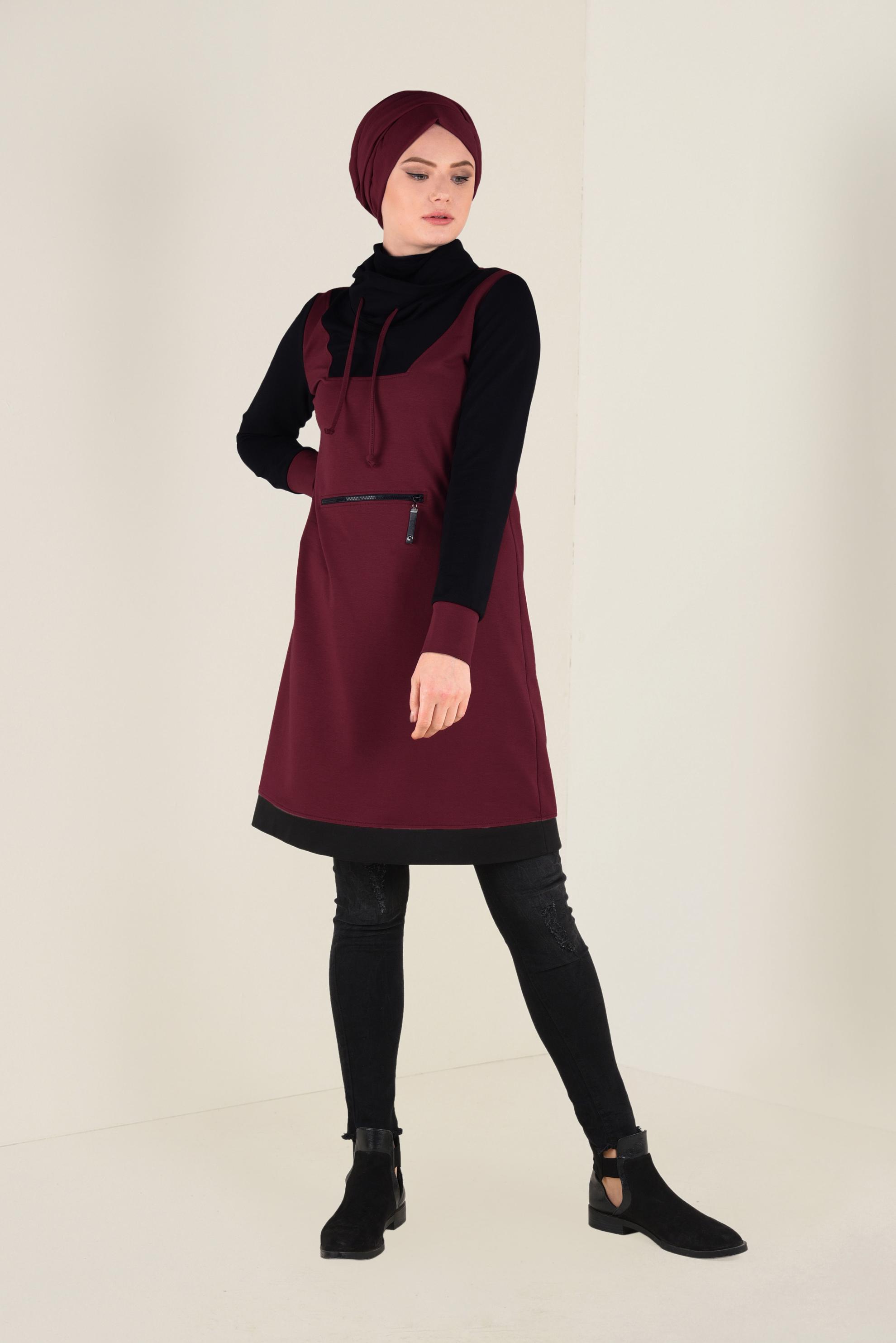 Tesettür giyim BORDO FERMUAR DETAYLI BOĞAZLI EŞOFMAN TUNİK 4714