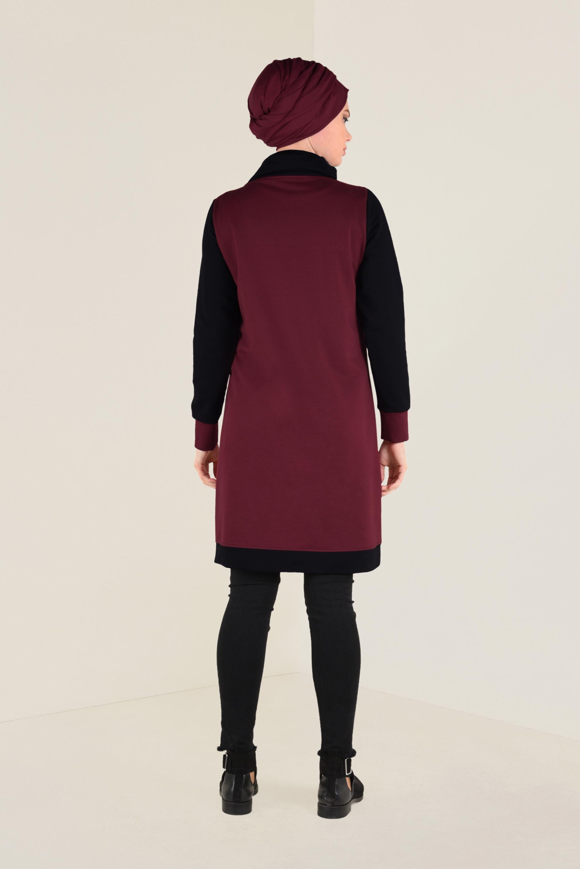 Tesettür giyim BORDO FERMUAR DETAYLI BOĞAZLI EŞOFMAN TUNİK 4714