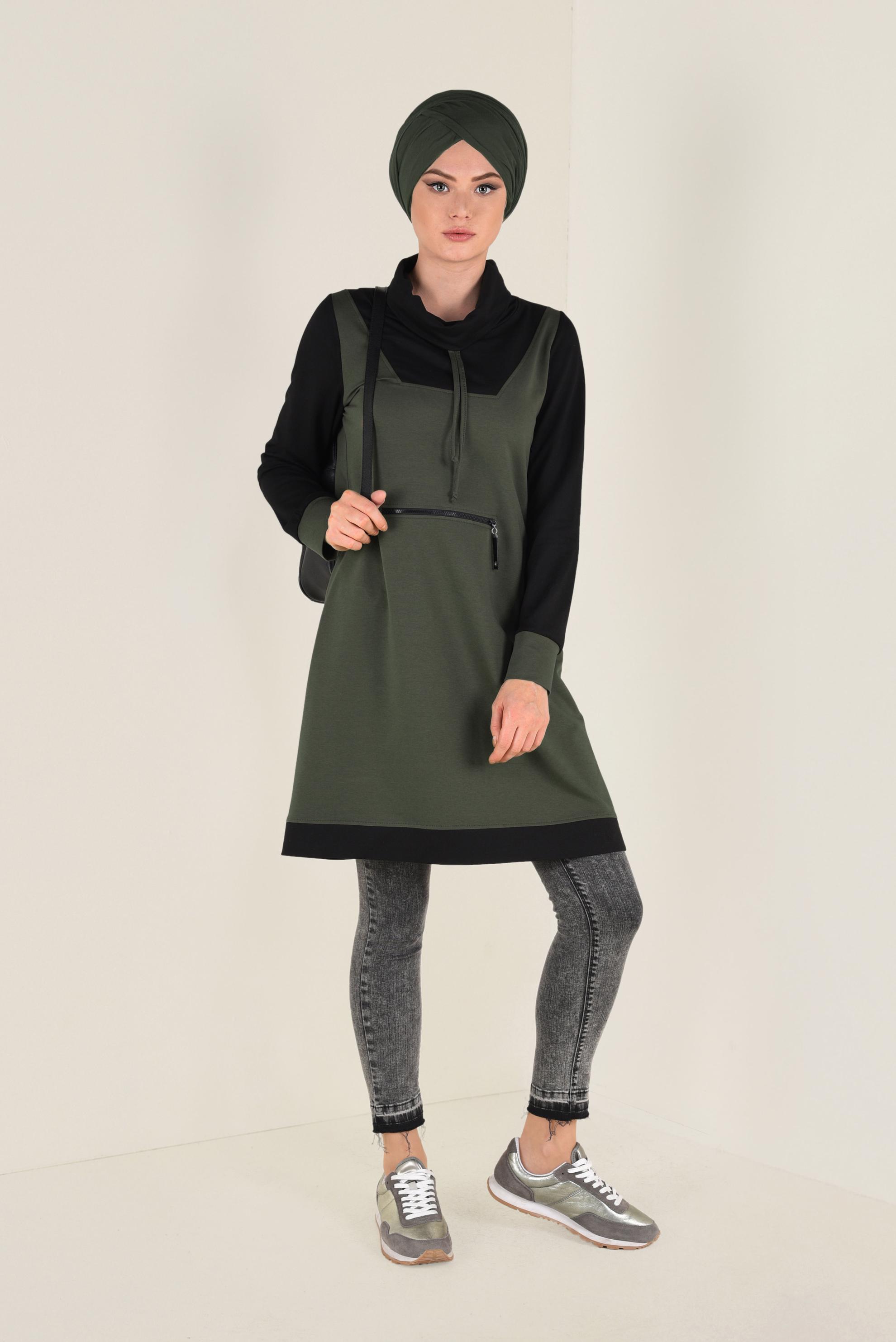 Tesettür giyim HAKİ FERMUAR DETAYLI BOĞAZLI EŞOFMAN TUNİK 4714