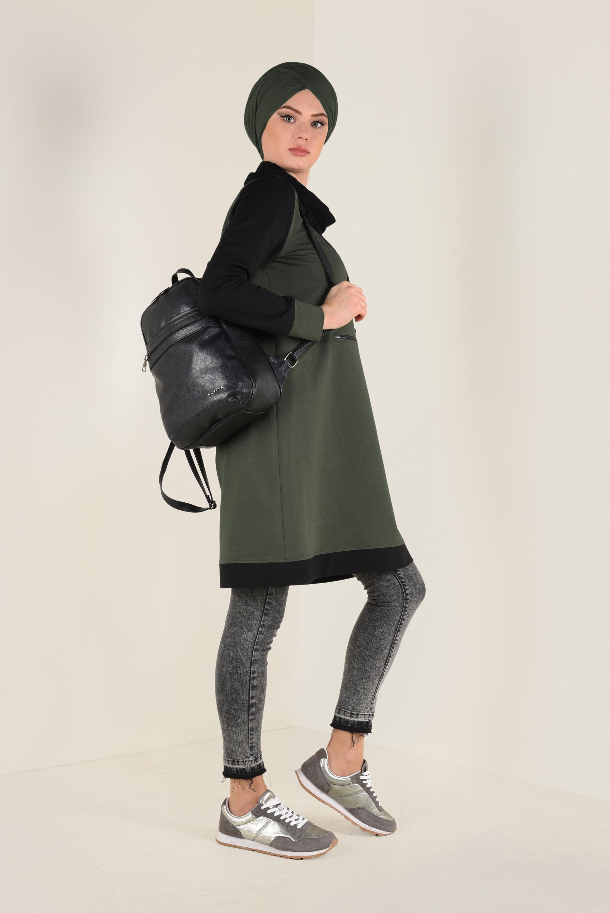 Tesettür giyim HAKİ FERMUAR DETAYLI BOĞAZLI EŞOFMAN TUNİK 4714