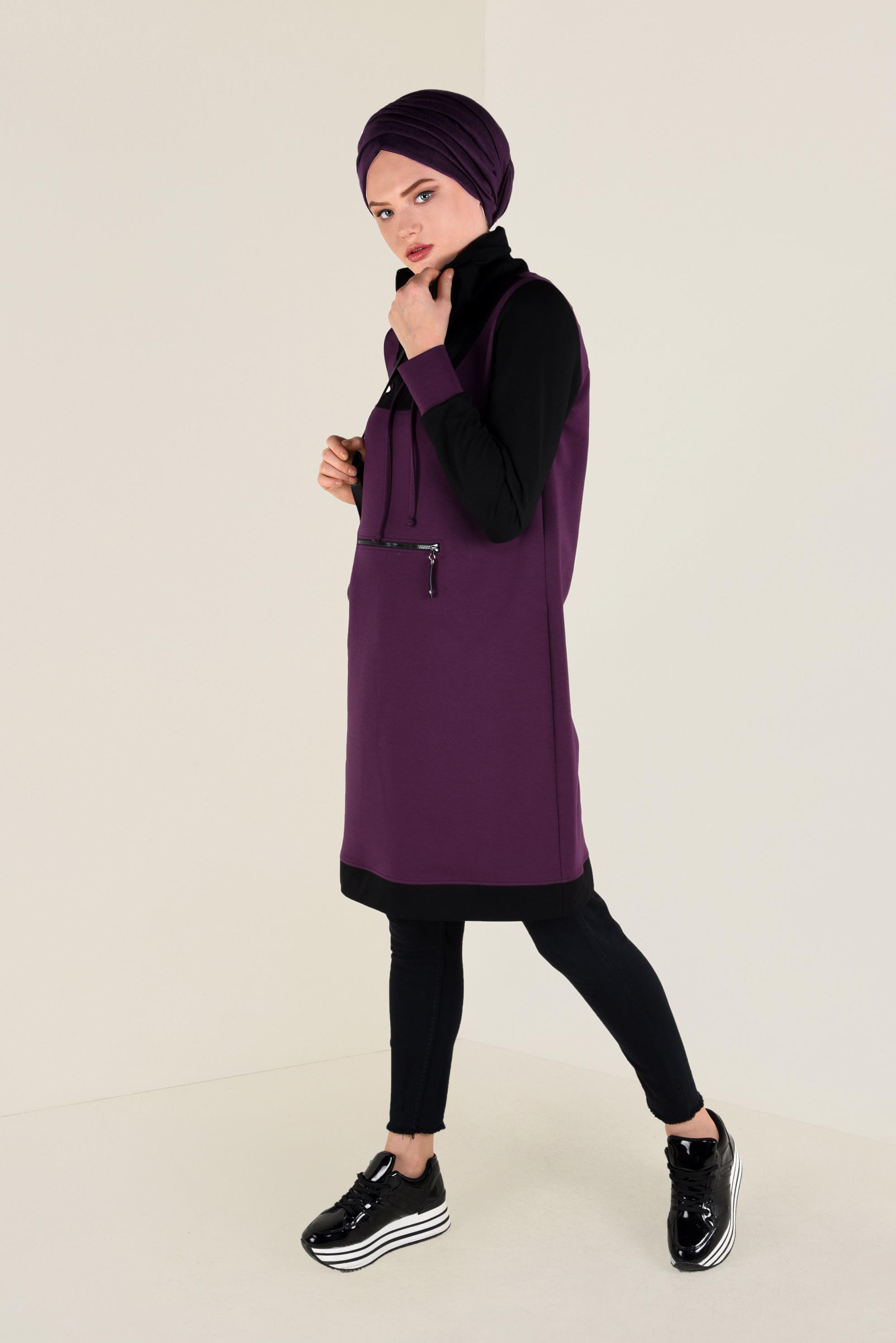 Tesettür giyim MOR FERMUAR DETAYLI BOĞAZLI EŞOFMAN TUNİK 4714