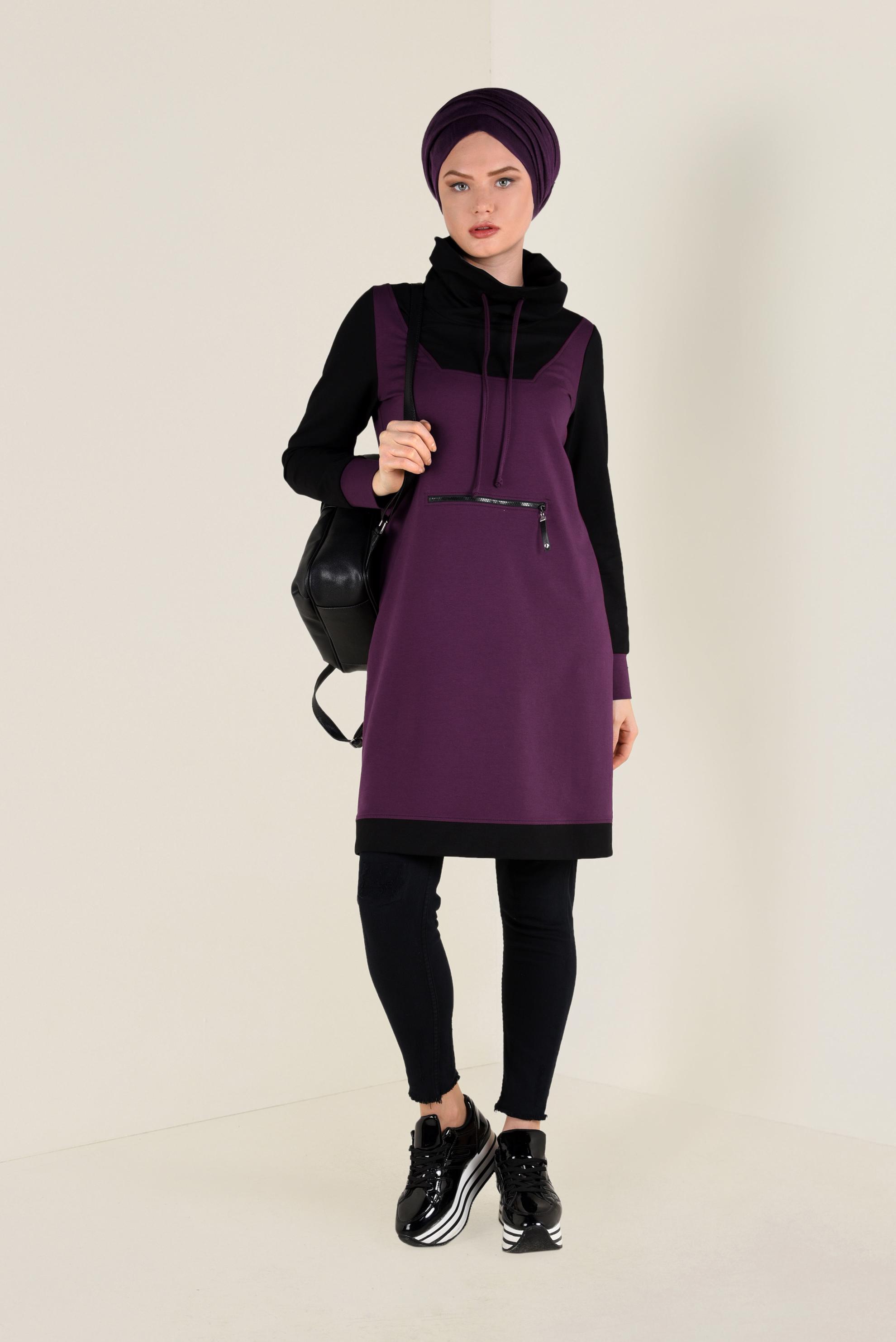 Tesettür giyim MOR FERMUAR DETAYLI BOĞAZLI EŞOFMAN TUNİK 4714