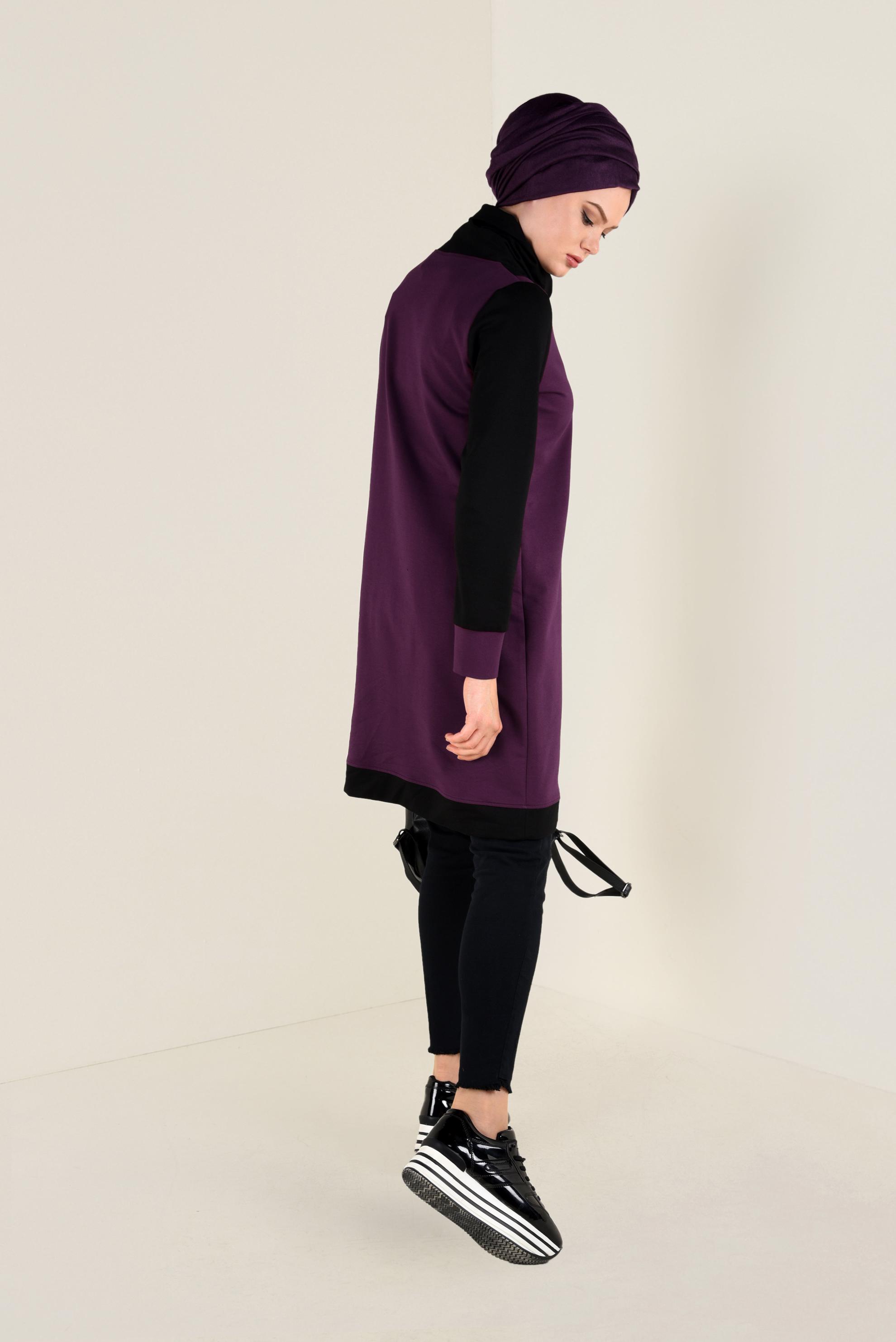 Tesettür giyim MOR FERMUAR DETAYLI BOĞAZLI EŞOFMAN TUNİK 4714