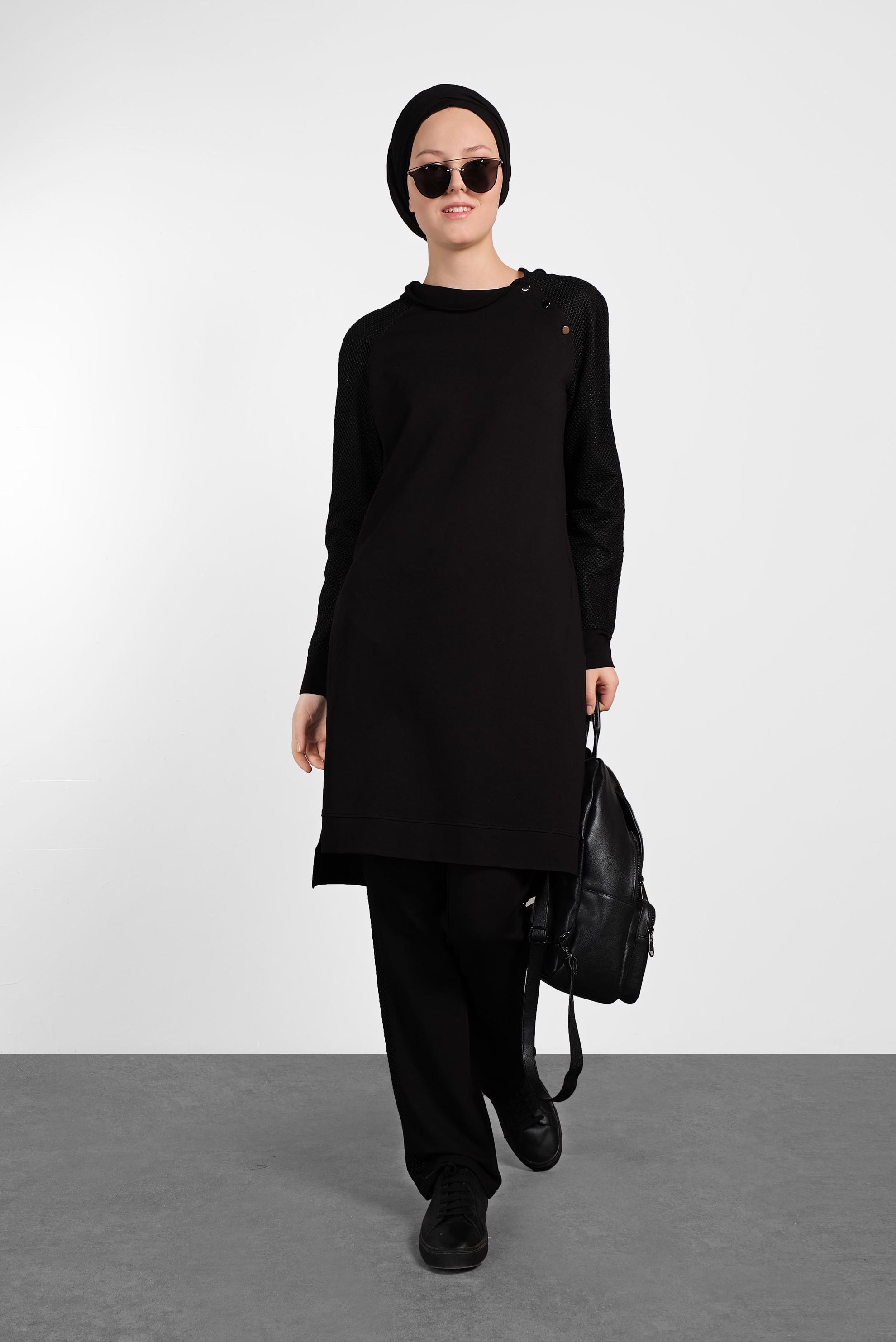 Tesettür giyim SİYAH FİLE DETAYLI İKİLİ PANTOLONLU EŞOFMAN TAKIM 4277