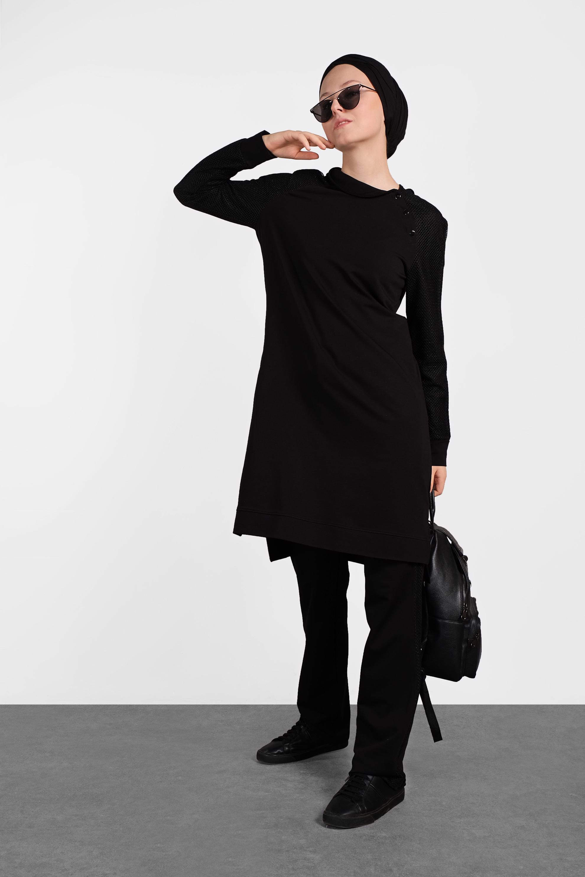 Tesettür giyim SİYAH FİLE DETAYLI İKİLİ PANTOLONLU EŞOFMAN TAKIM 4277