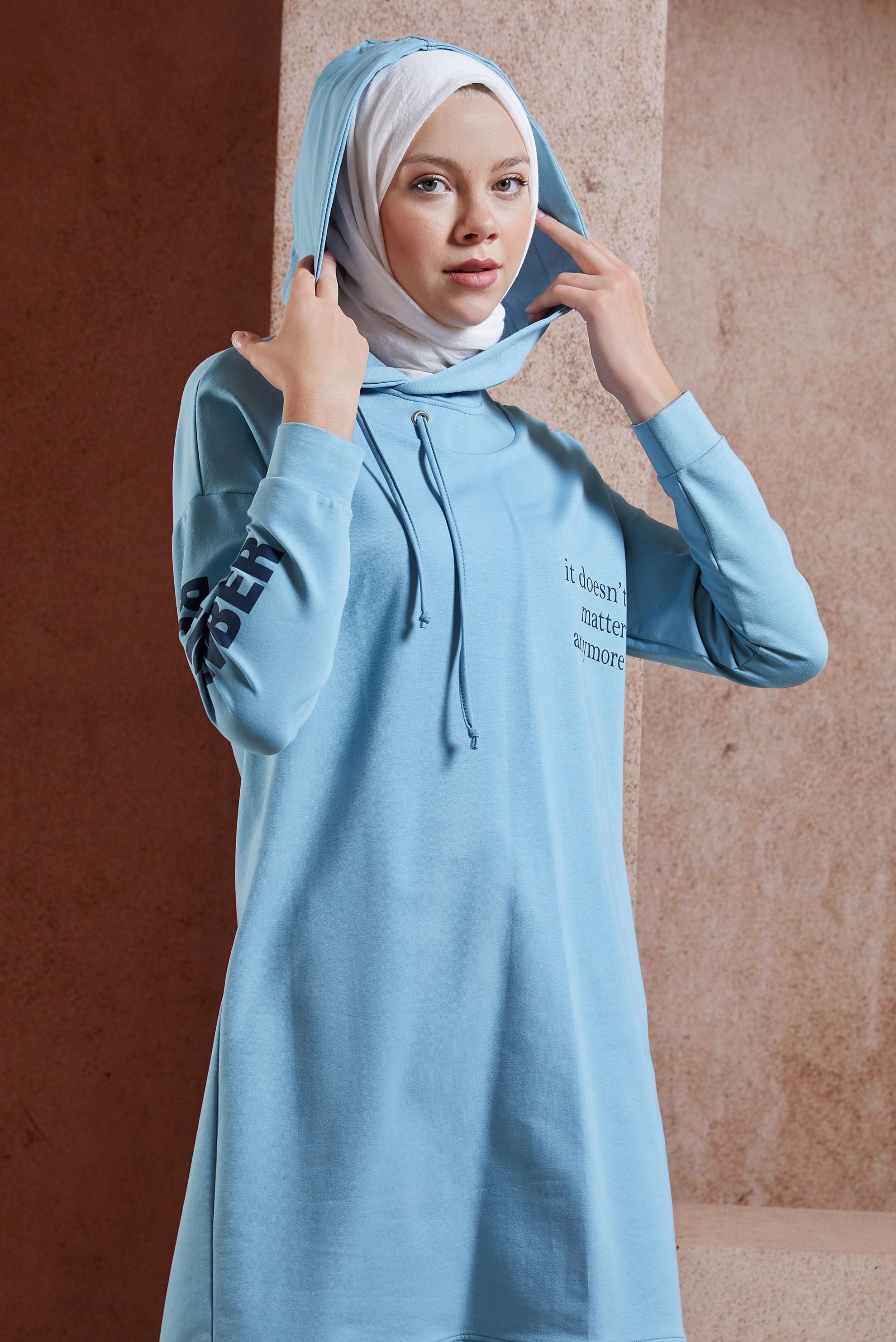 Tesettür giyim MAVİ KAPÜŞONLU EŞOFMAN TUNİK 4953