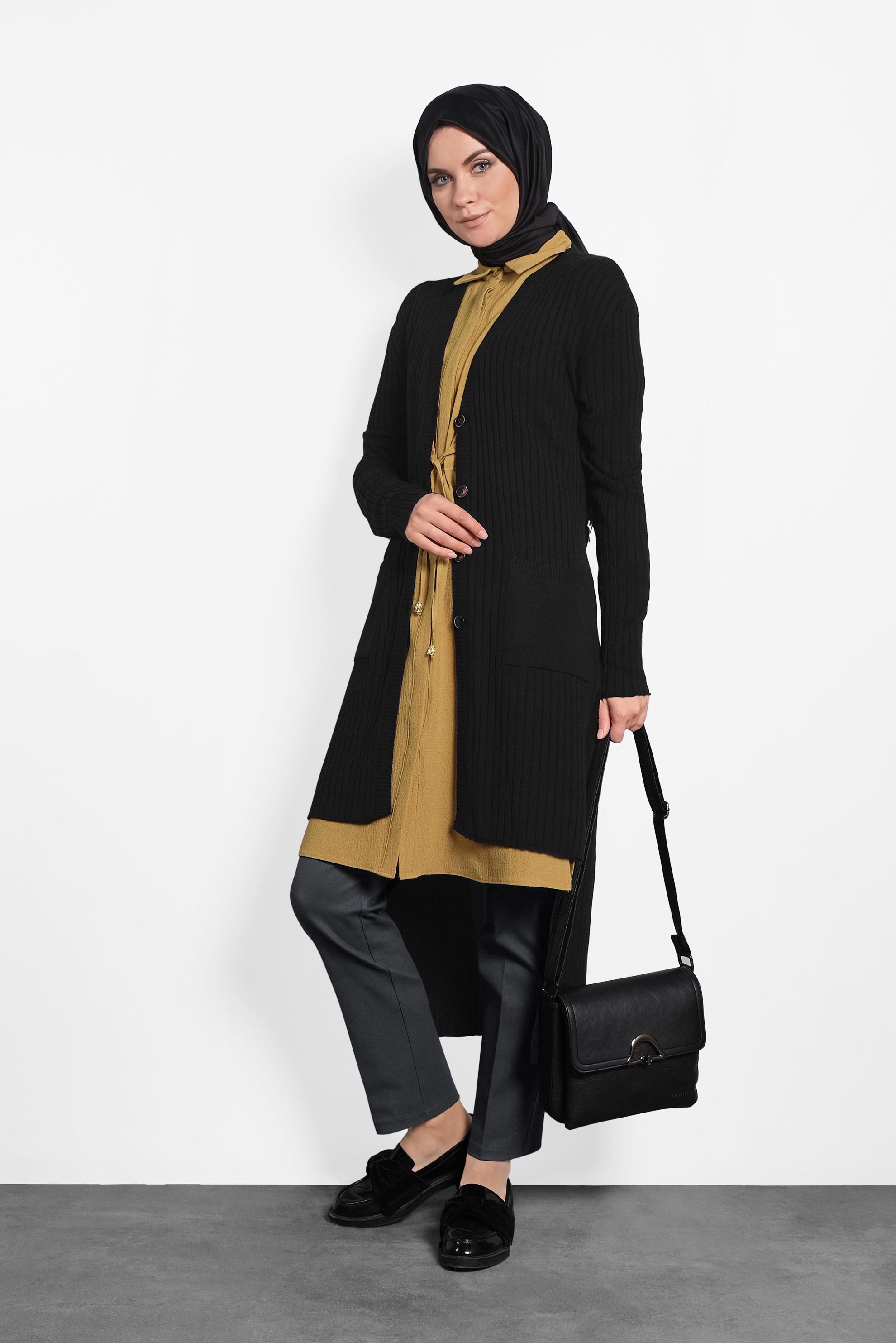 Tesettür giyim SİYAH FİTİLLİ TRİKO CEKET 40049 